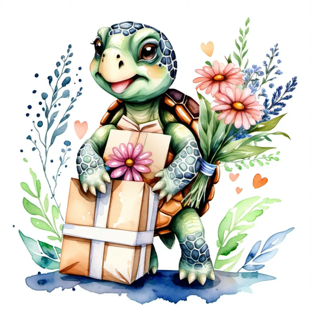Adorable Turtle with Watercolor Bouquet and Gift