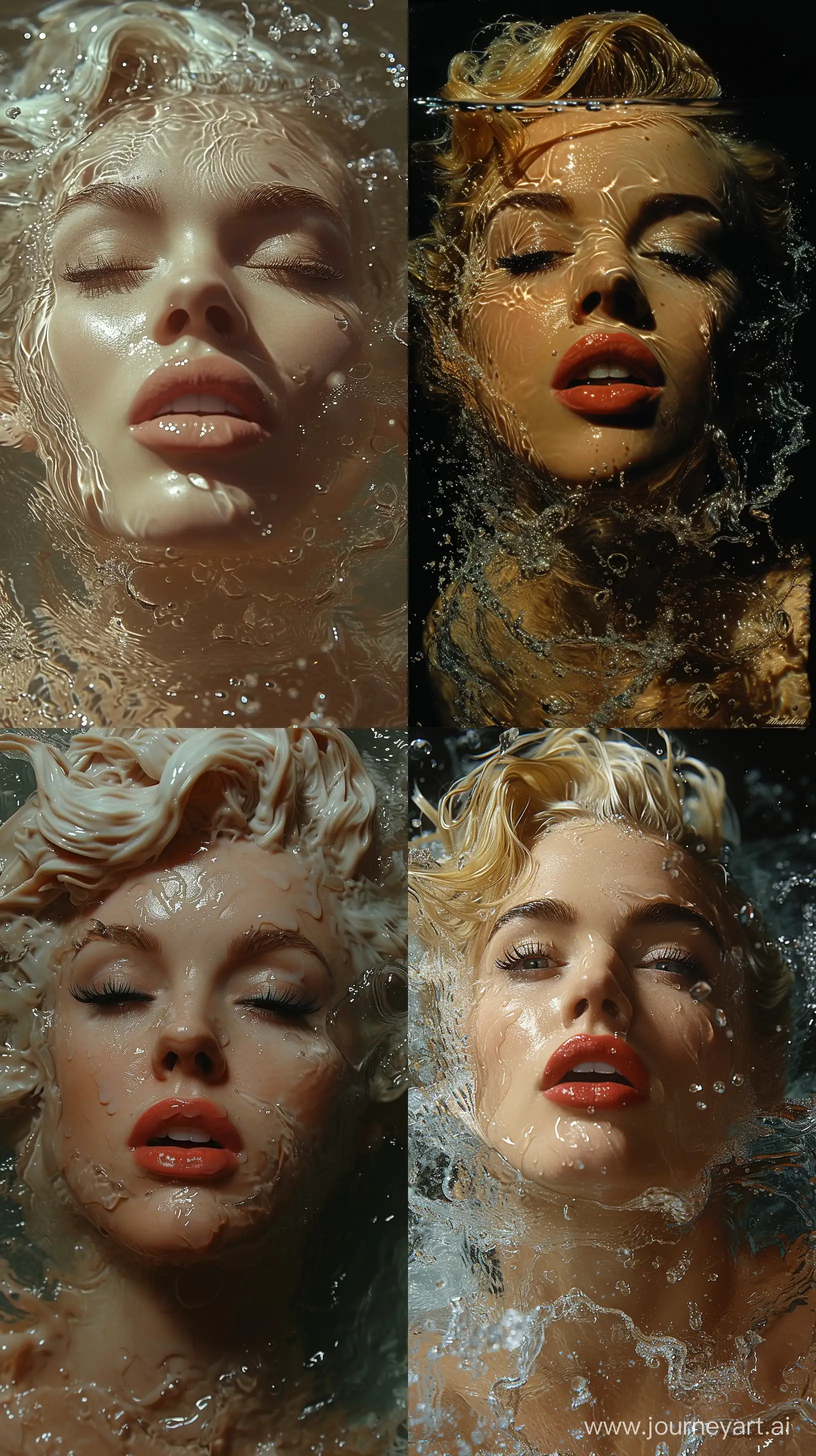 the face of marilyn monroe (full body) , in water, realistic perspective, surrealistic realism, smail, soggy, --ar 9:16 --stylize 750 --v 6