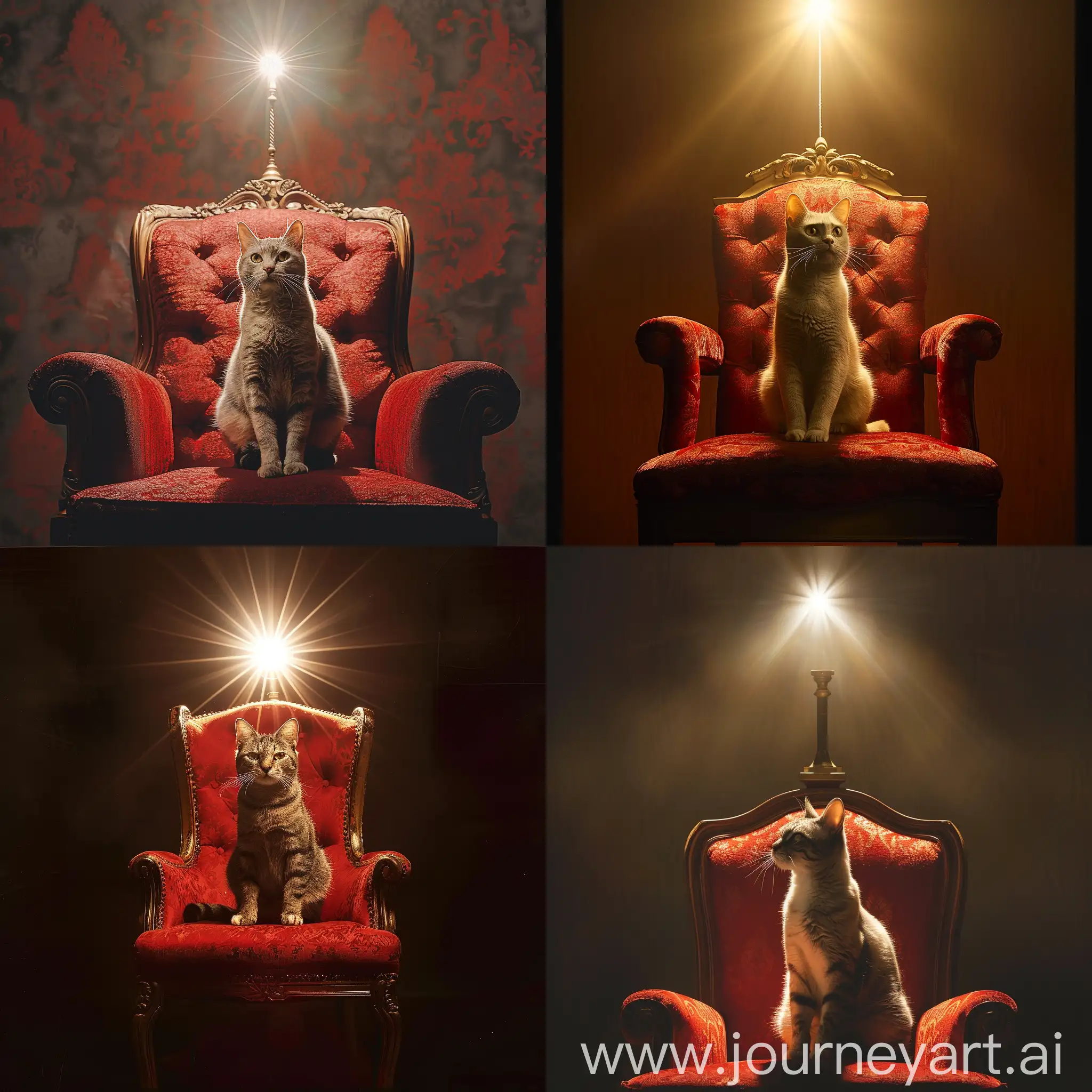 一只可爱的猫咪坐在一张红色欧洲贵族椅子上，顶部光线