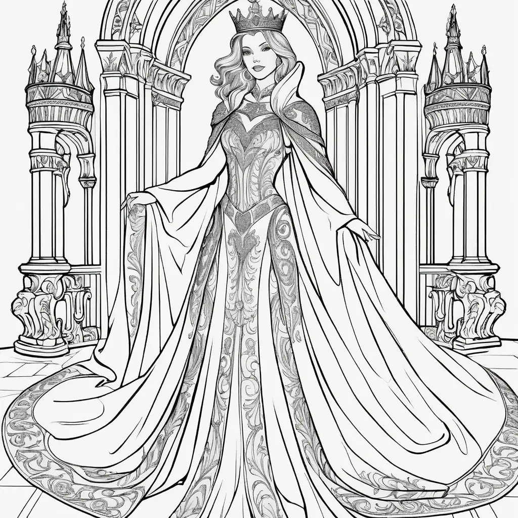 Coloring book image. Black and white. Outline only. Highly detailed. Clean and clear outlines that allow for easy coloring. Ensure the design provides ample space for creativity and coloring. High fashion high fantasy wearing a regal, ornate gown inspired by medieval royalty, complete with a dramatic crown and flowing cape, standing in a grand castle hall.