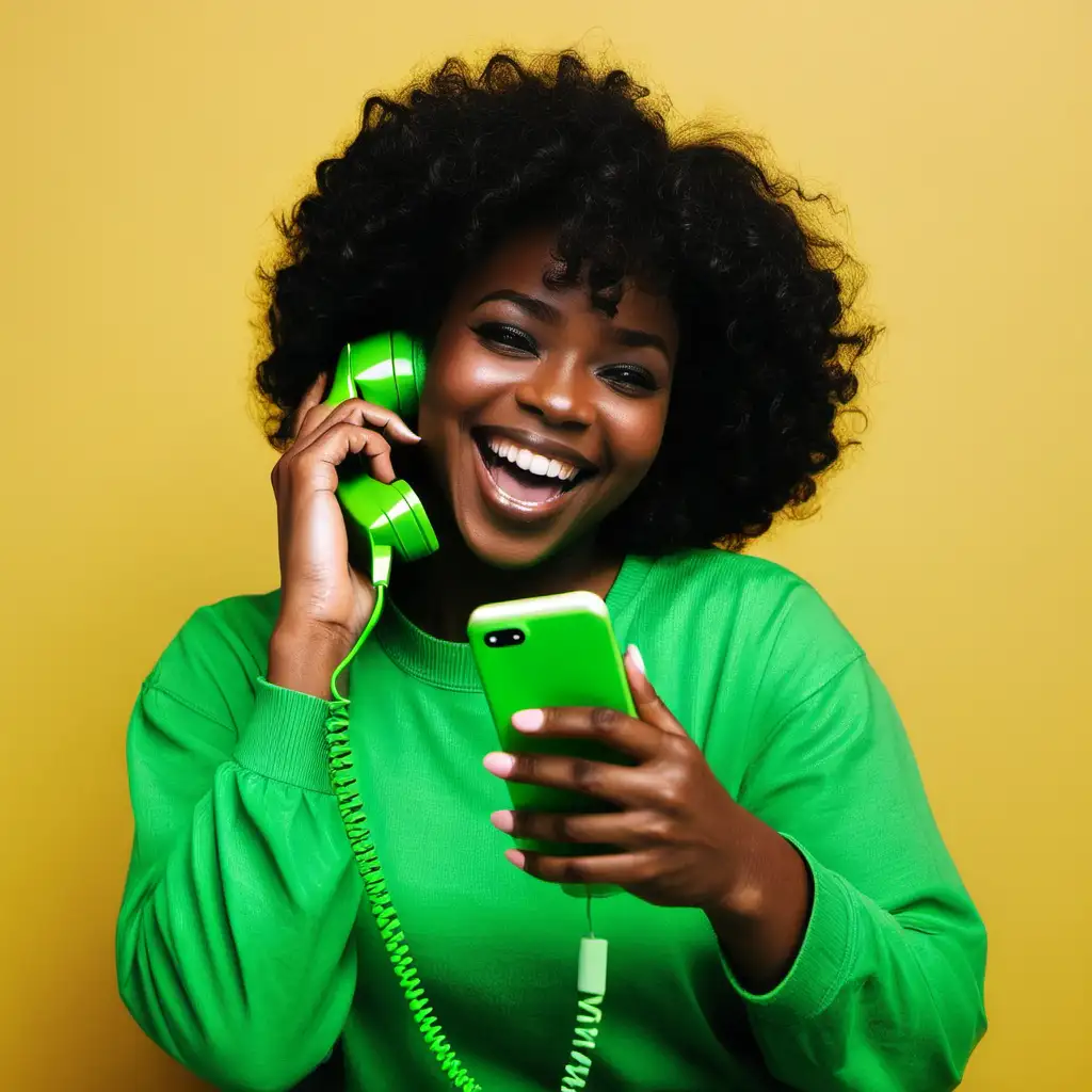 black woman, green, green phone, happy