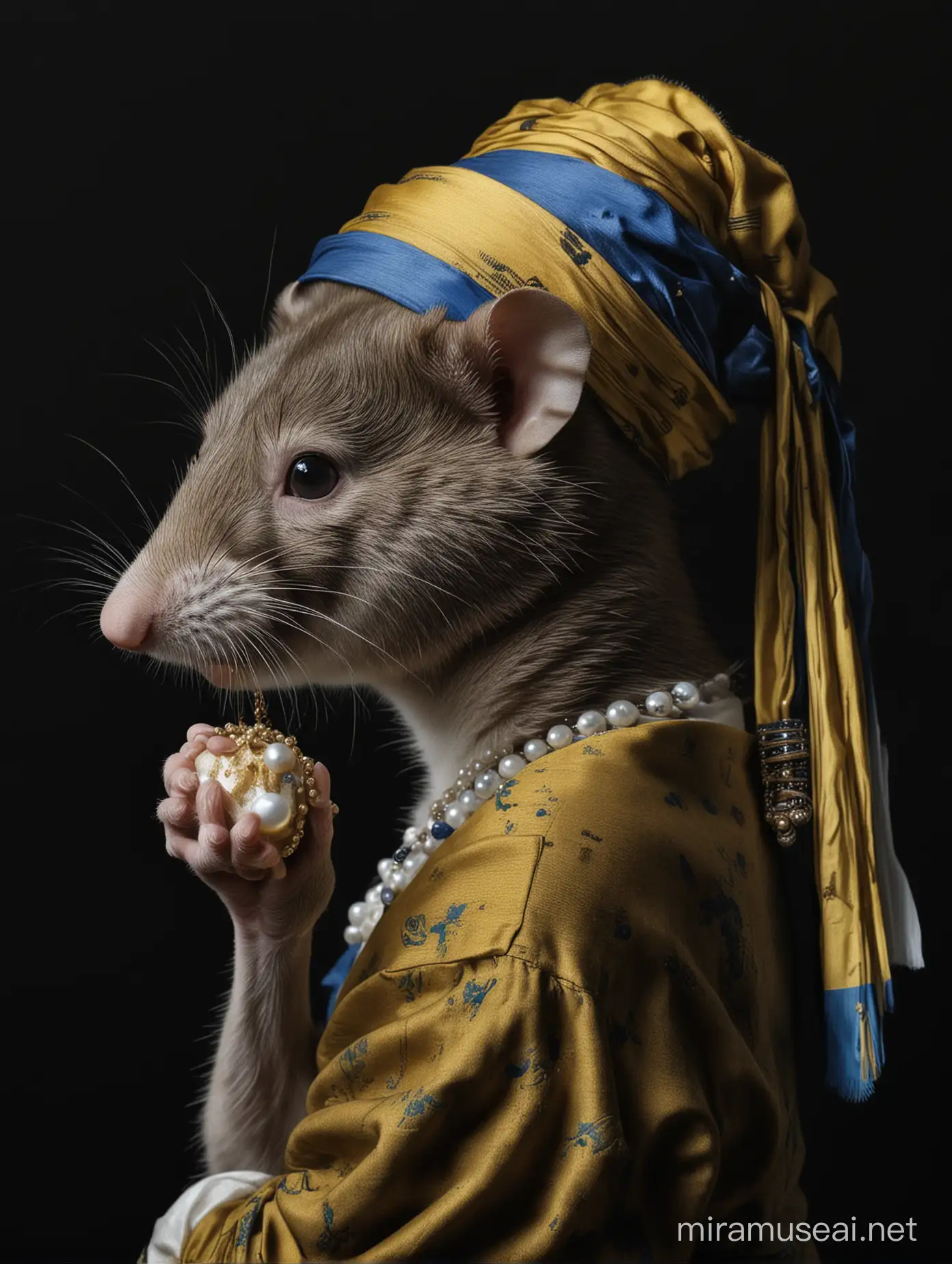DirtCovered Rat Adorned with a Replica of Vermeers Pearl Earring on a Black Canvas