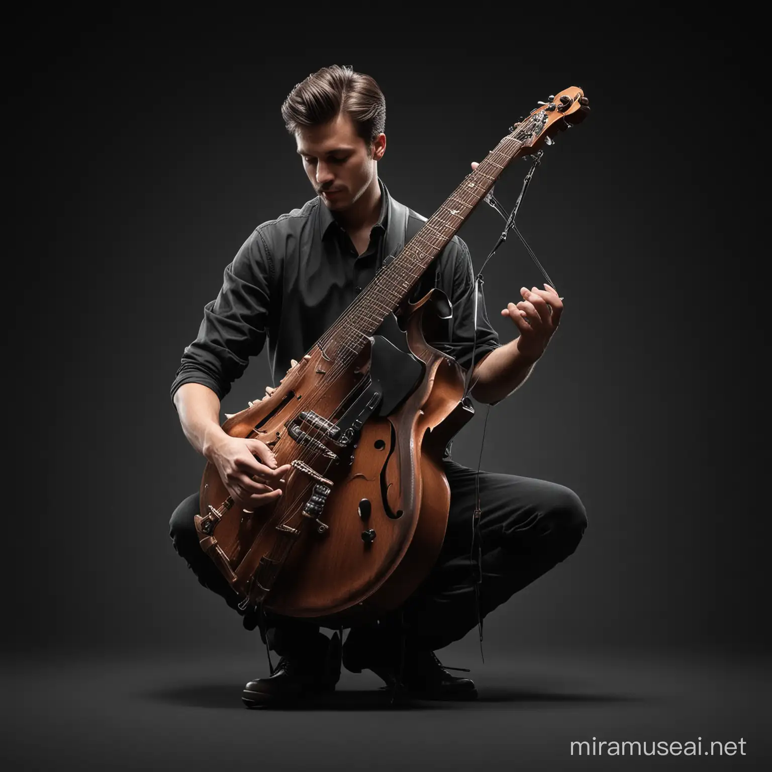 Man Blending with Musical Instrument on Black Background in 3D Realistic Style