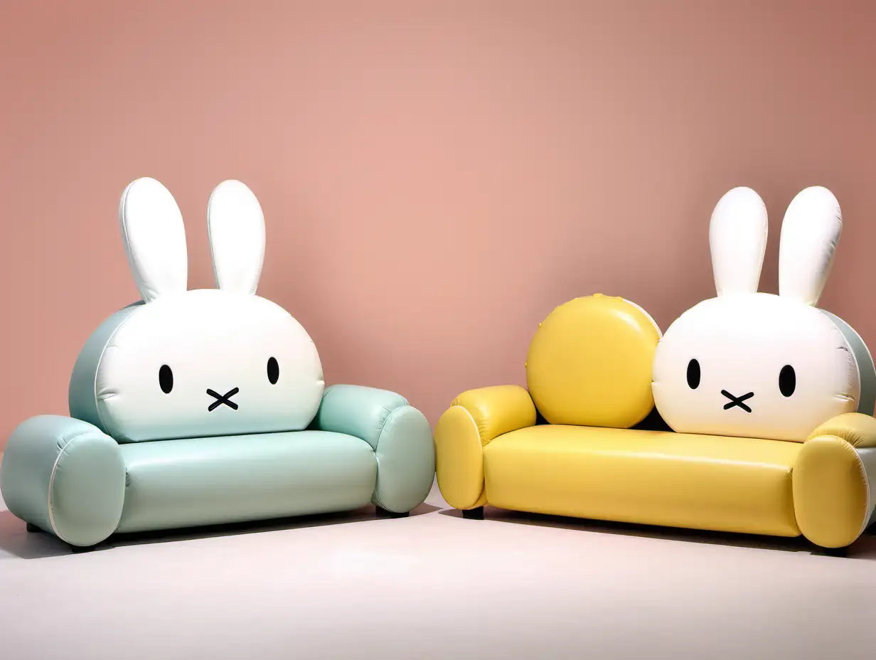 马卡龙配色的米菲兔儿童沙发，高档牛皮材质，高档家具格局和设计