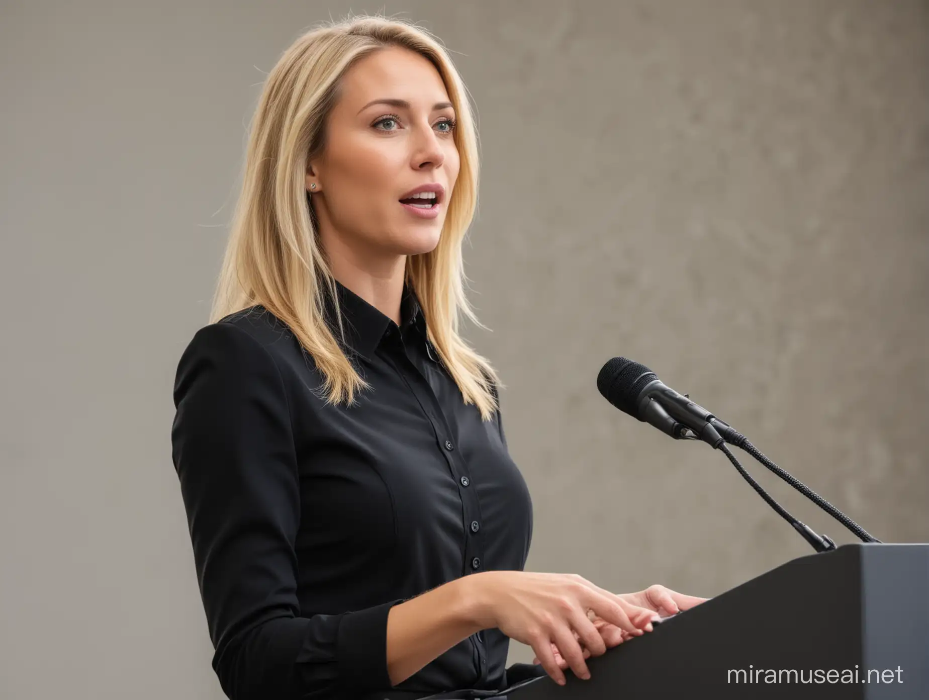 blonde woman wearing black business casual attire giving a speech