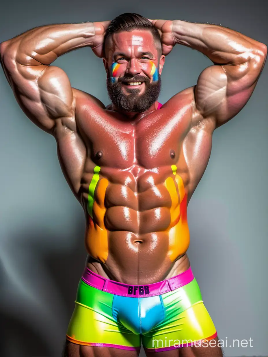 Topless 30s Thick Beefy IFBB Bodybuilder Beard Daddy Bright Highlighter Rainbow Coloured Grow in the Dark Paints All Over his Body short shorts Holding up his Big Strong Arms Over this head and Flexing