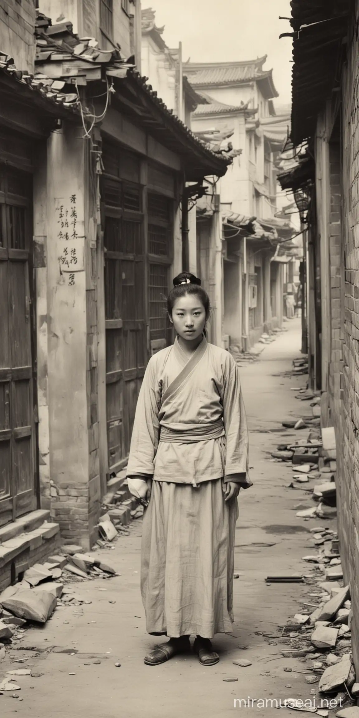 一只清朝的老照片，17岁的林青霞，在破烂的街道上。