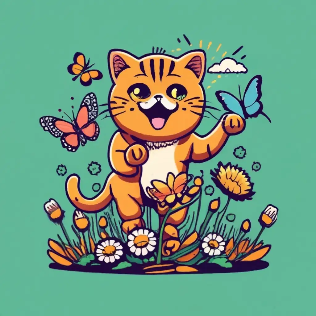 a cat playing with butterfly in daisy garden and sunshine in the sky