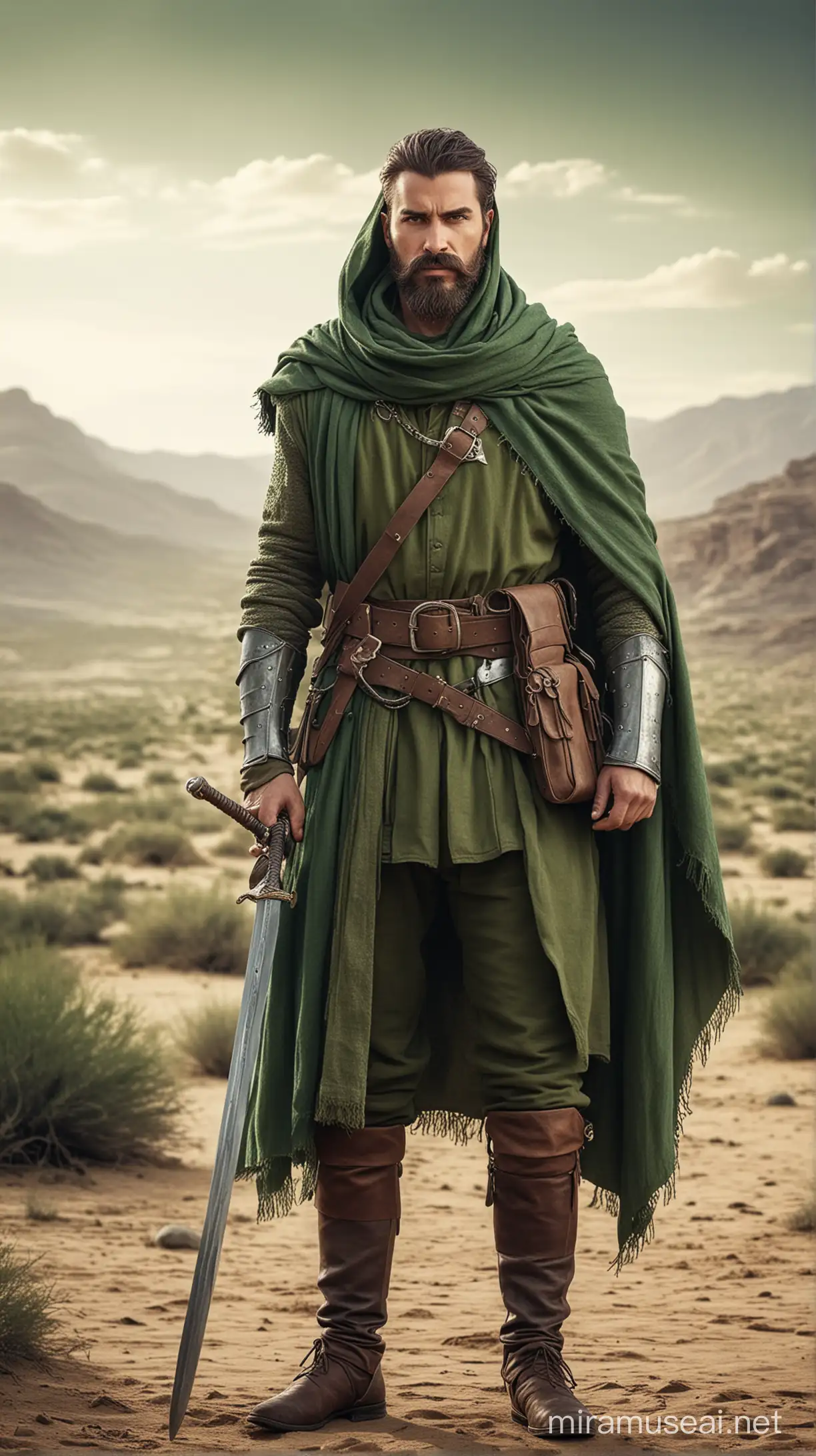 A man wearing green medieval battle attire,  holding a sword, a medium beard and mustache, and covering his head with a green scarf, standing in a desert land, atmospheric mood, realistic style, Version 6