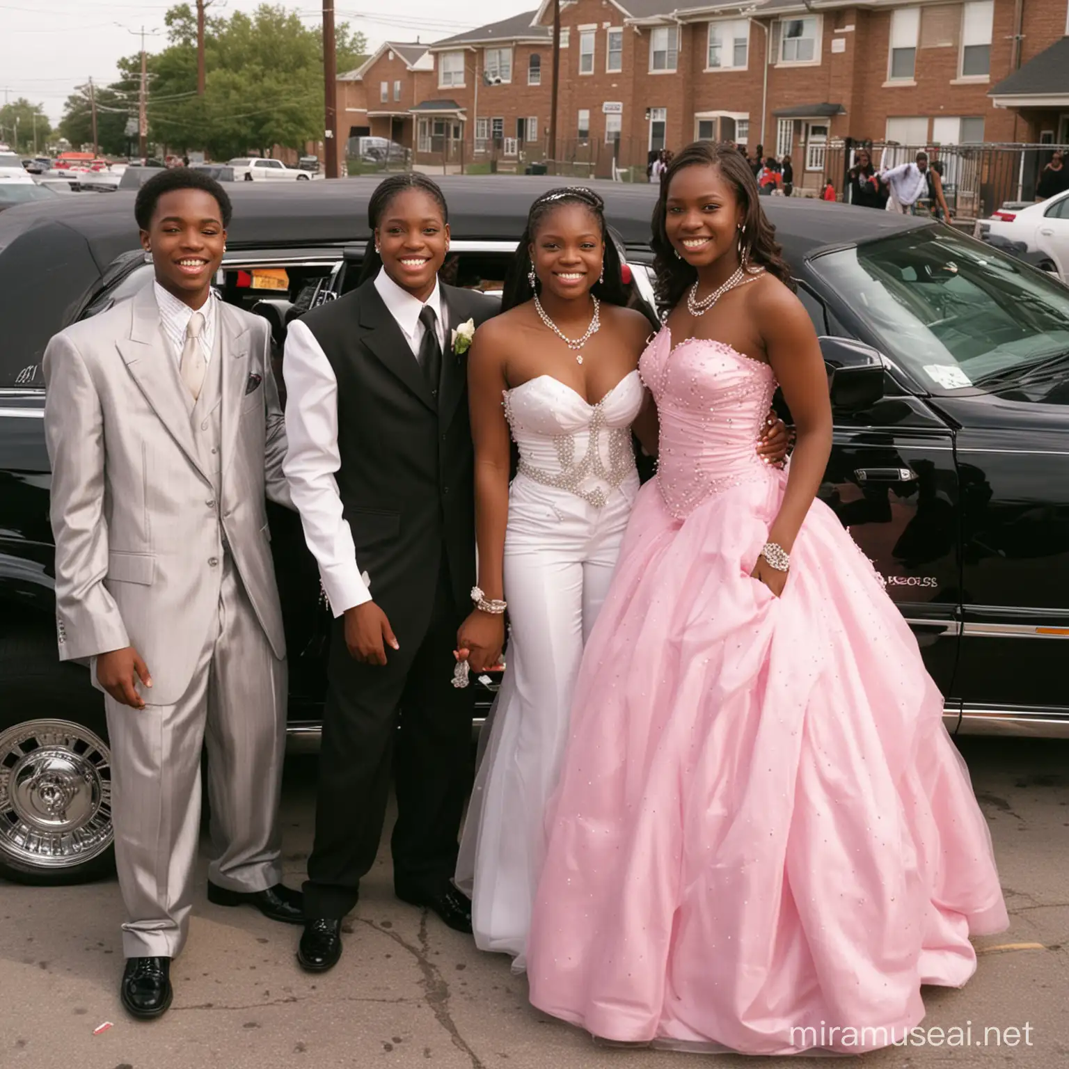 African american high school prom in 2008 late 2000's hood ghetto fabalous prom flashy limo and flashy stylish suits and aexy stunning girls smiling snarling