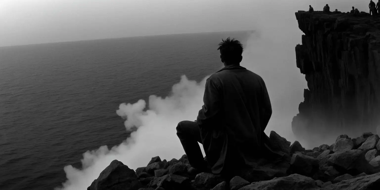Dystopian Realism Man Contemplates the Edge of a Misty Cliff in a Cinematic Scene
