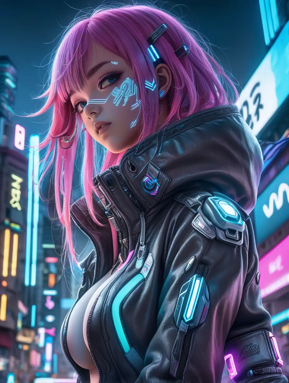 (cinematic lighting), In a cyberpunk metropolis, an anime girl embraces the neon-lit chaos with futuristic attire sleek, tech infused clothing that mirrors the urban landscape. Perfect breast, Glowing augmentations and vibrant hair add a cybernetic touch, while her determined gaze hints at a fusion of resilience and adaptability in this high-tech, dystopian realm, kneel on the wet ground, angle from below, intricate details, detailed face, detailed eyes, hyper realistic photography,--v 5