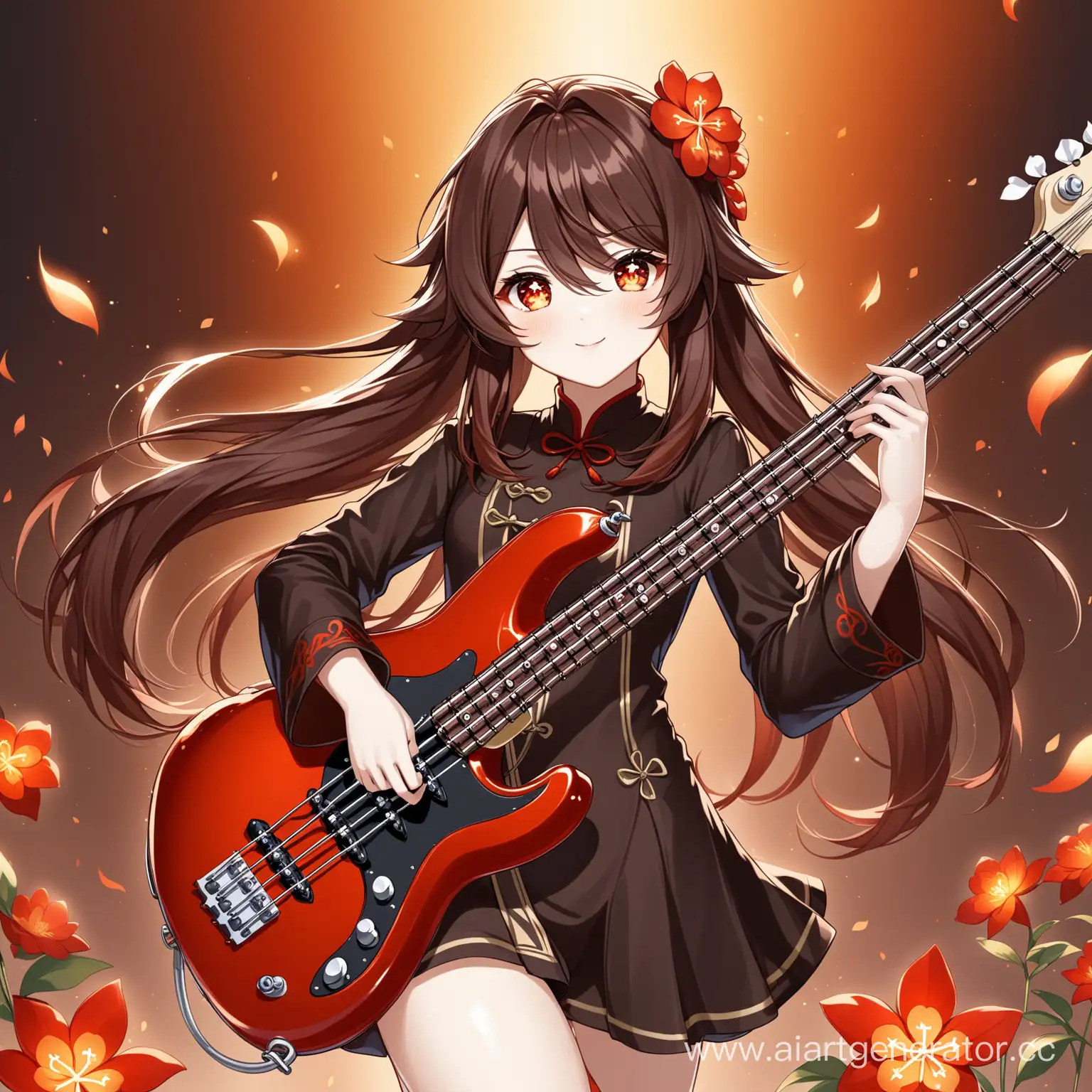 anime girl, hu tao, genshin, red eyes, a white pupil in the shape of a flower, brown long hair, bass guitar