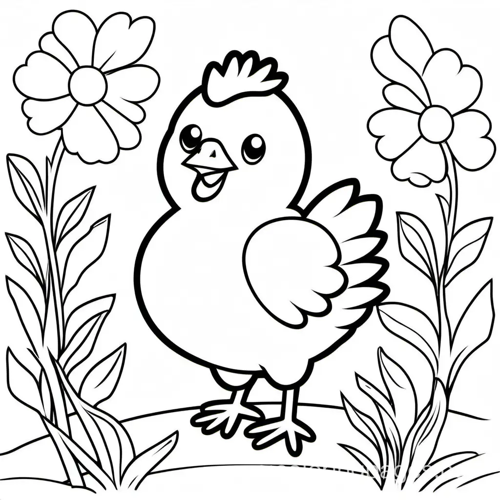 Cute chicken, no background, Coloring Page, black and white, line art, white background, Simplicity, Ample White Space. The background of the coloring page is plain white to make it easy for young children to color within the lines. The outlines of all the subjects are easy to distinguish, making it simple for kids to color without too much difficulty