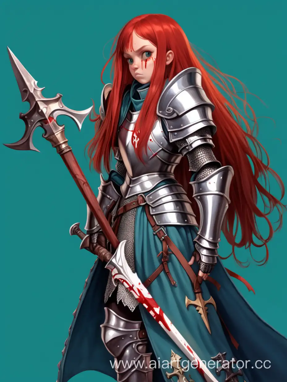 Bloody-Knight-Redhaired-Girl-in-Armor-Wielding-a-Halberd