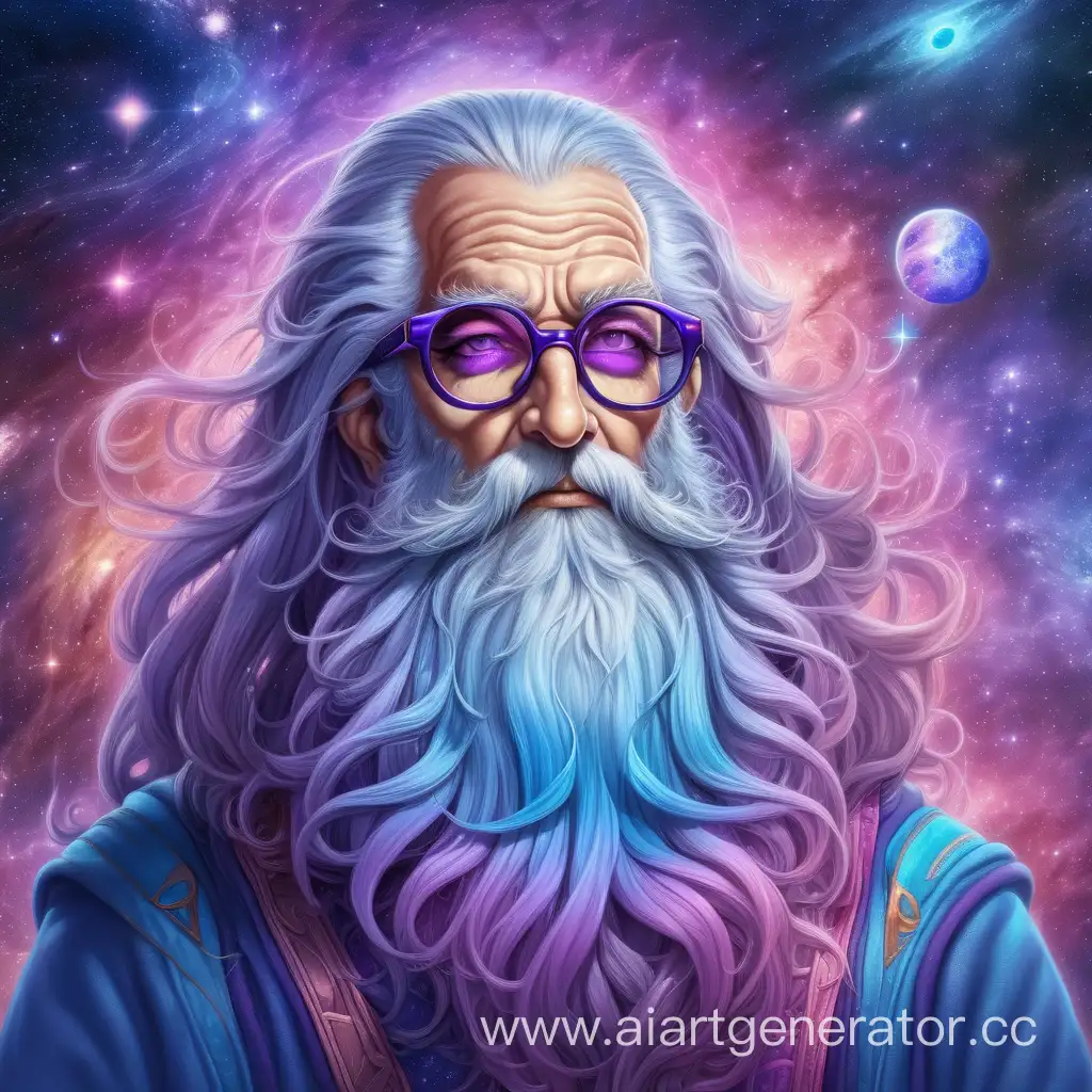 God of Universe. Tall skinny old man with long beard and glasses l. Blue, purple and pink shades. Cosmic theme. Full size portrait. 