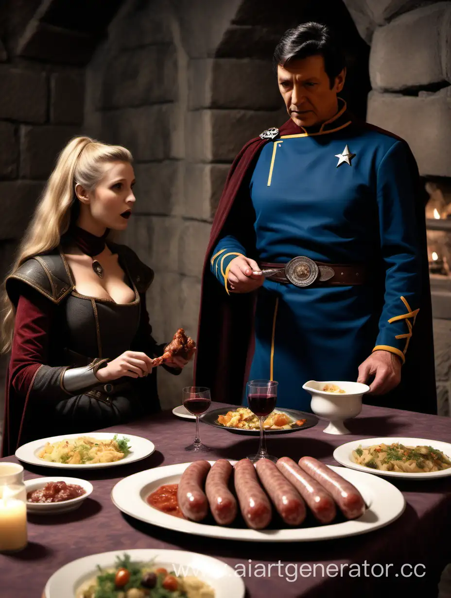 Medieval-Feast-Sausage-Startrek-and-Isolde-Enjoying-Roasted-Goose-in-the-Castle