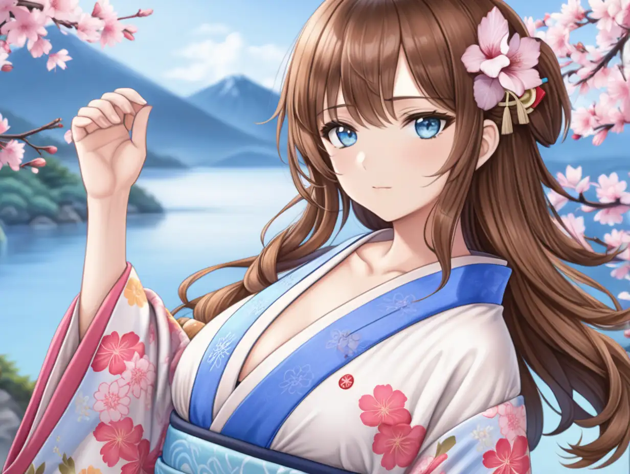 full body ravishing adult female, brown wavy hair, soft blue color eyes, Japanese kimono white, blue, pink, c cup boobs,