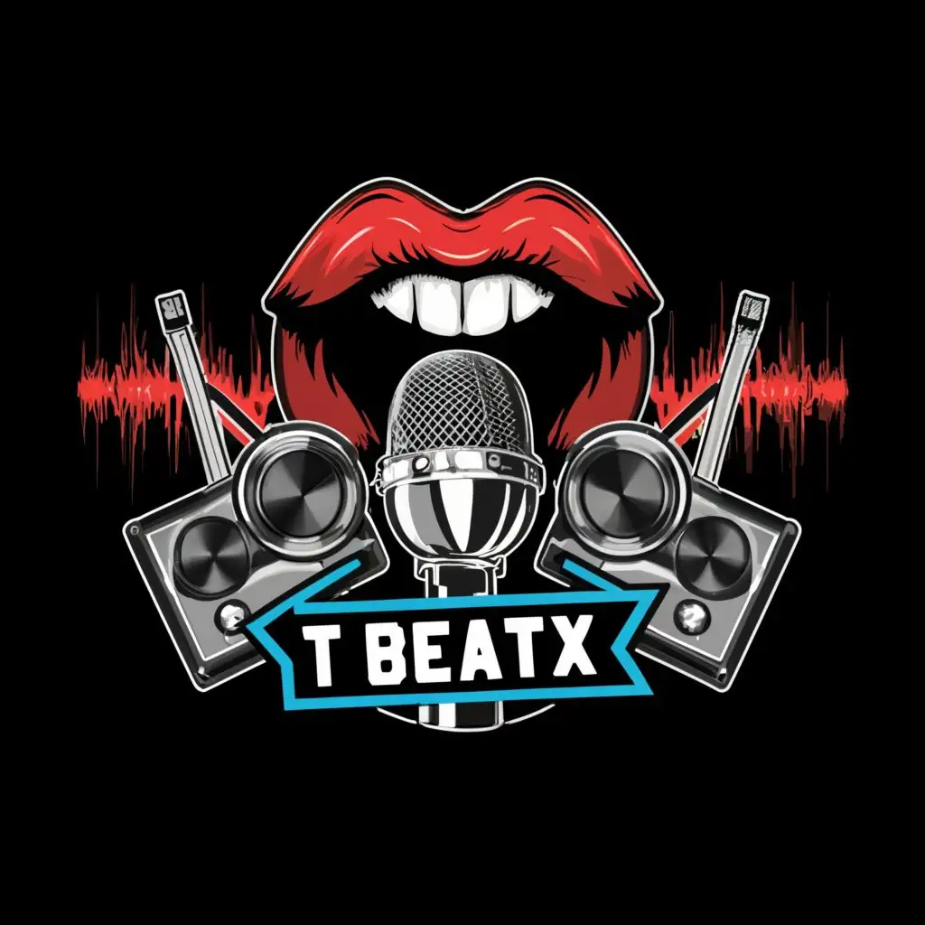 logo, Mic, speakers, beatboxing lips, with the text "Tbeatx", typography
