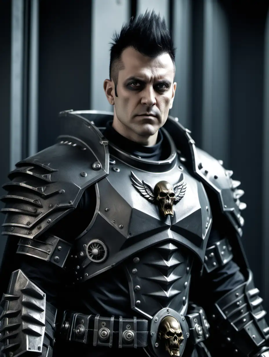 Portrait of the upper body and face of a 34 year old muscular male Adeptus Arbites in dark grey futuristic carapace Warhammer 40k armor, black cape. 
Very short dark hair in mohawk, no beard.
Relaxed stance.
Metal door in the background of image. 