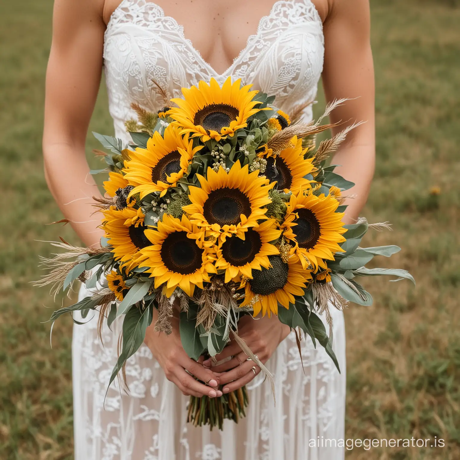 a bouquet of sunflowers and boho feathers