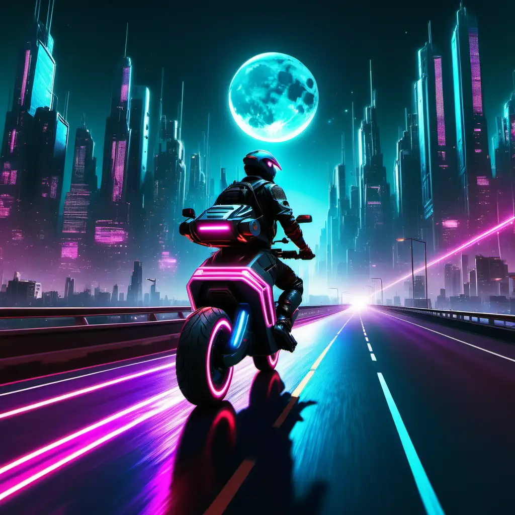 A vibrant cyberpunk city aesthetic:: a person riding a cyberpunk hoverbike leaving a trail of light behind as it travels on a highway heading into the the heart of city:: add a few small moons in the night sky:: the biker should be viewed from behind