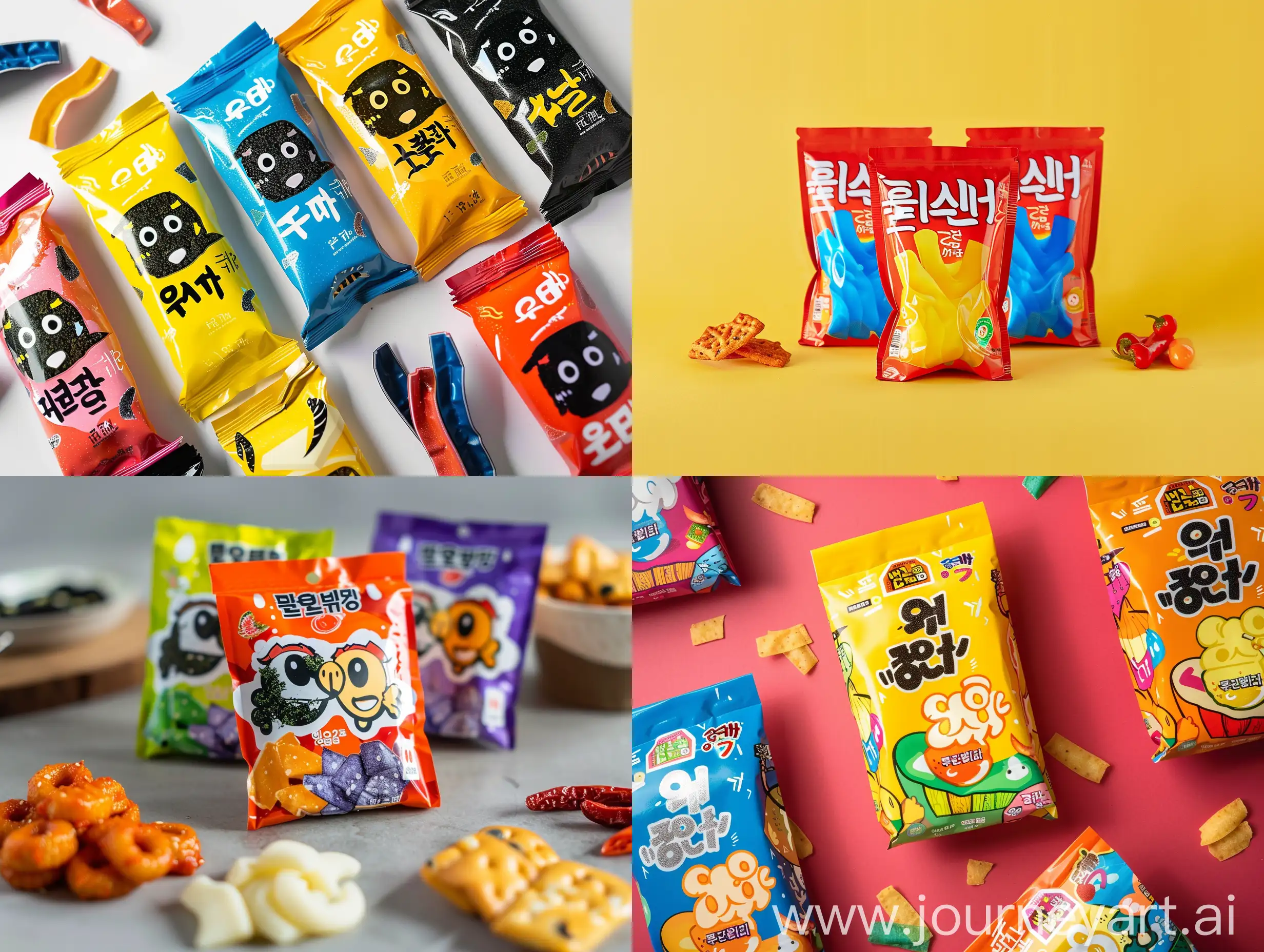 kids snack, packaging design,  korean, colourful, seaweed flavour, cheese flavour, spicy flavour