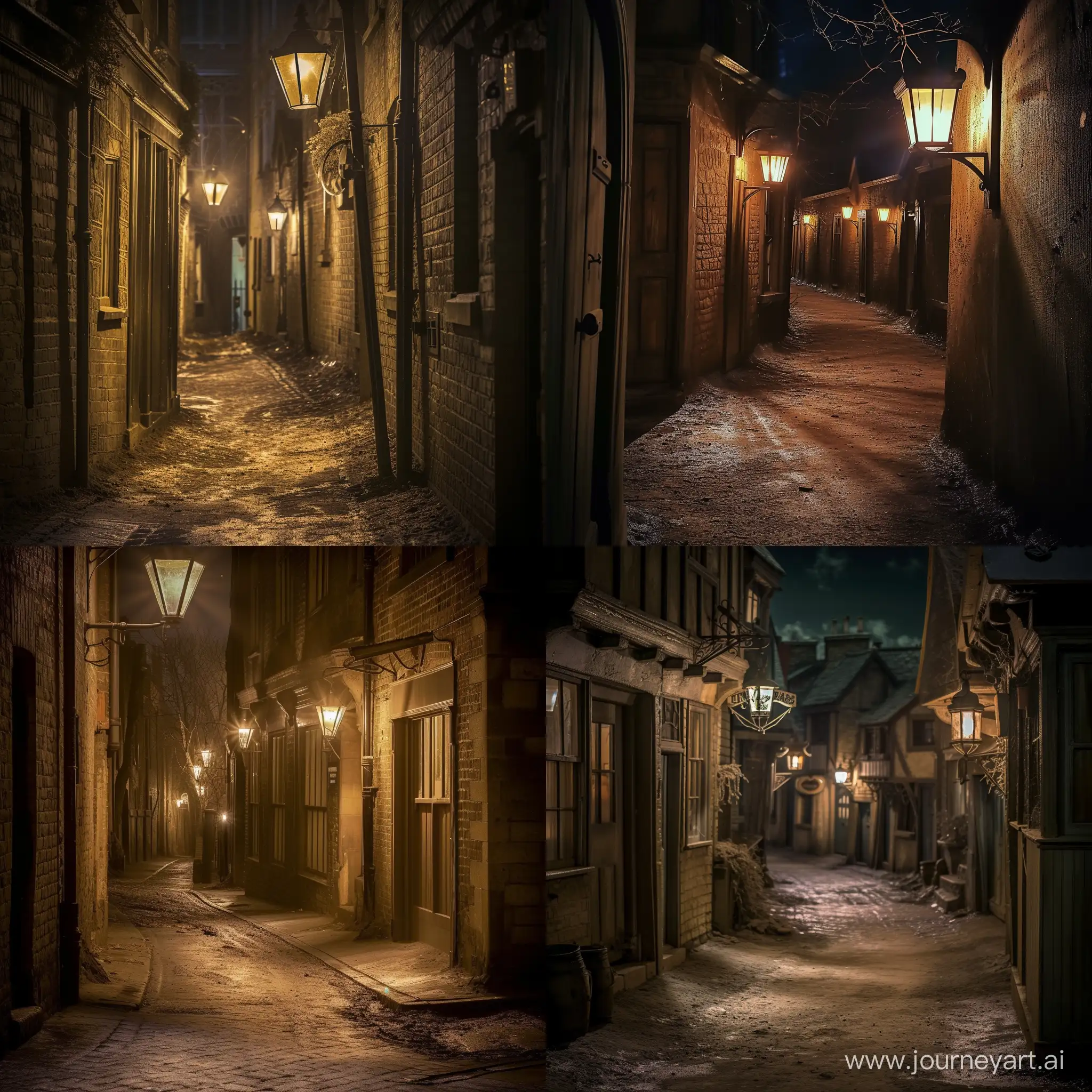 Small street in old victorian London by night with lantern lighting. Oliver Twist style with dirty on the street and no people.