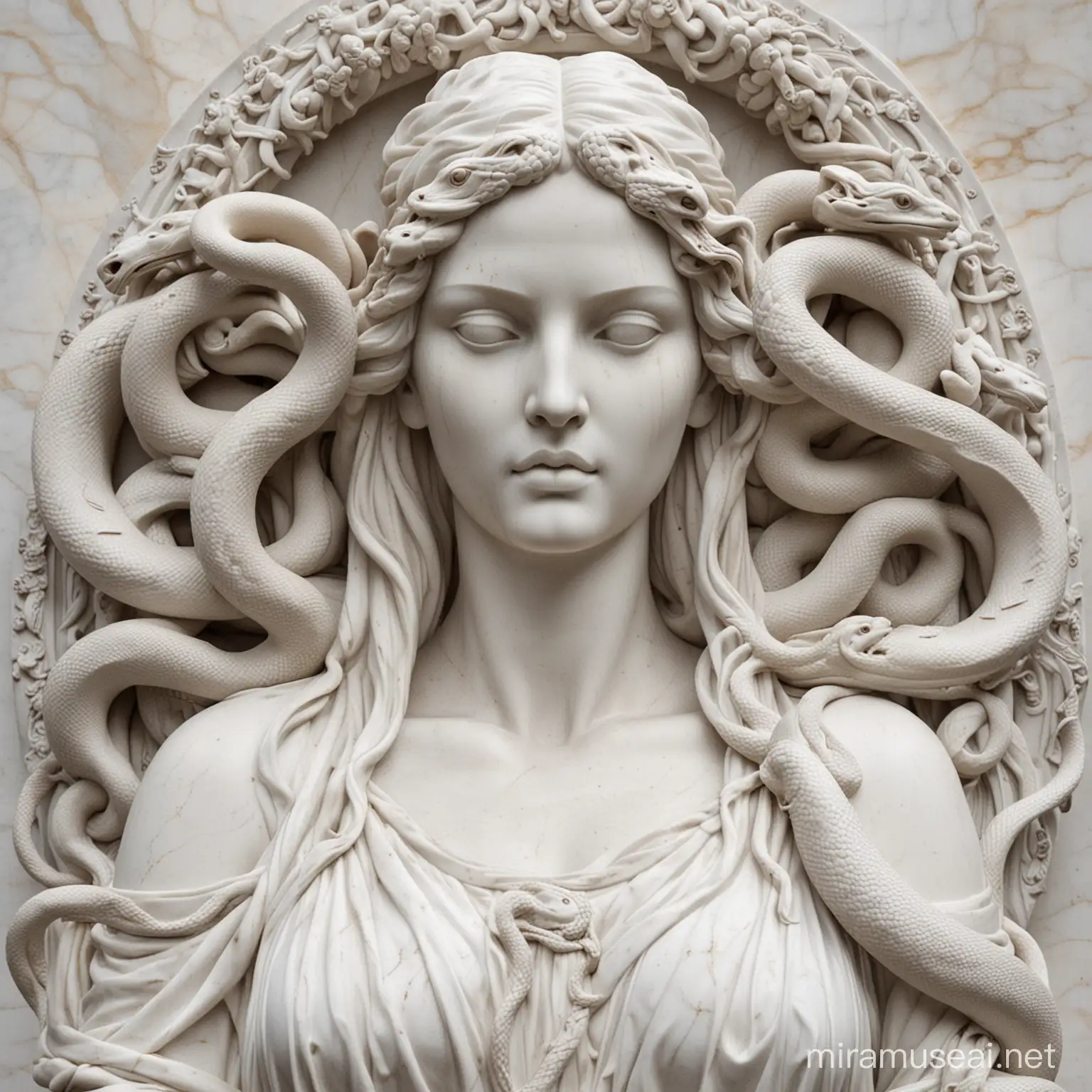 marble stone statue of woman with snakes around it

