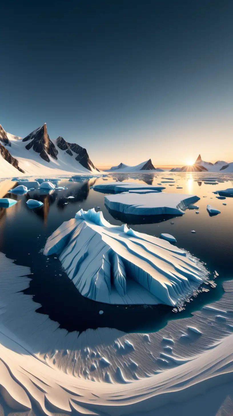 Capture a hyper-realistic photograph of Antarctica's landscape at sunrise, focusing on the intricate patterns of ice and snow under the soft, golden light. Include distant mountains and a clear, blue sky to emphasize the vastness and serene beauty of this icy desert. make the image hyper realistic , 8k , full clarity. make it very very very very real

