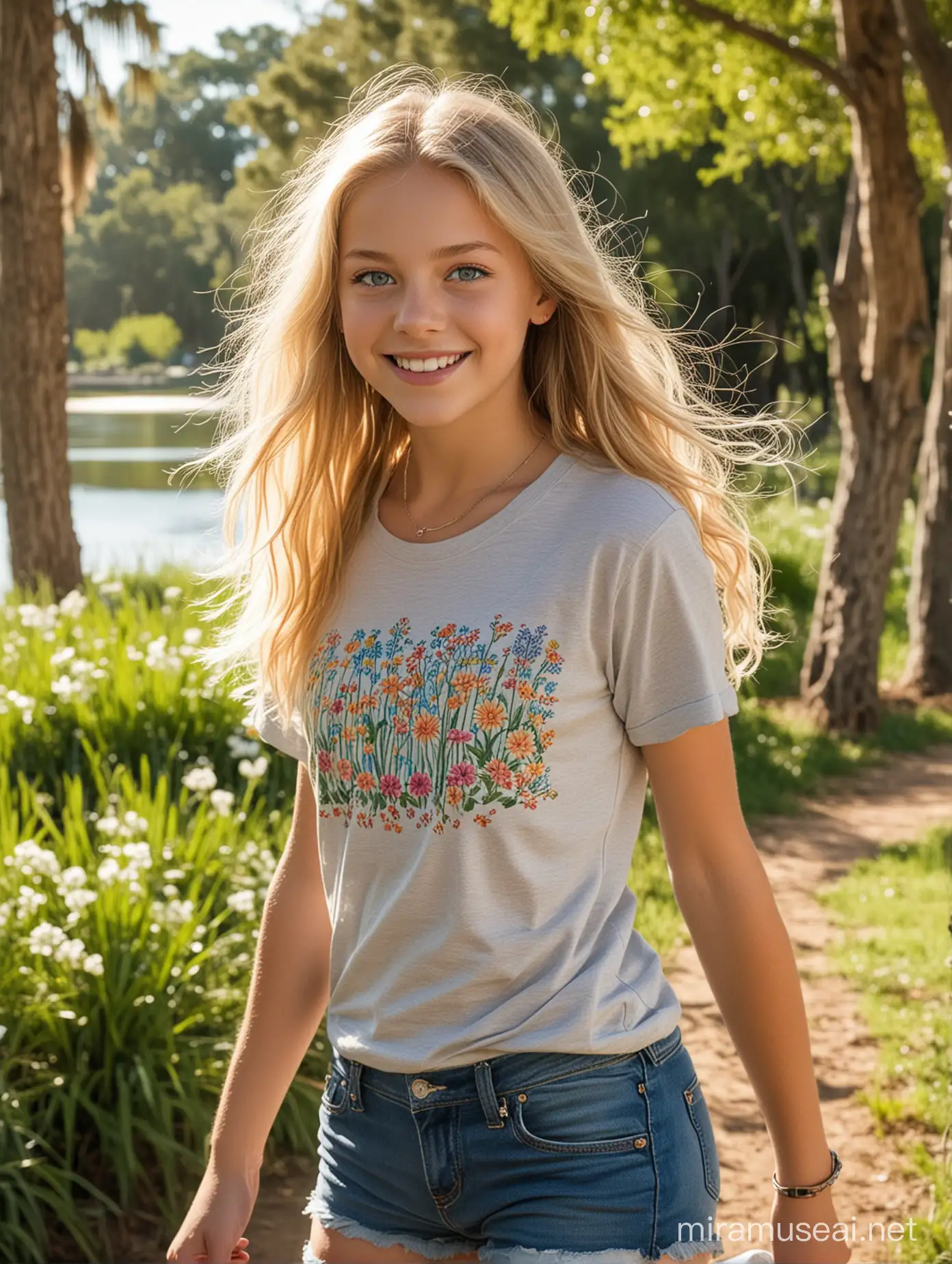 13 year old cute sweet adorable long straight wavy blonde hair blue eyes half T-shirt and tight jean shorts running in a beautiful park with grass trees and flowers and a lake full body full view giggling light makeup and jewelry sunny beautiful day 