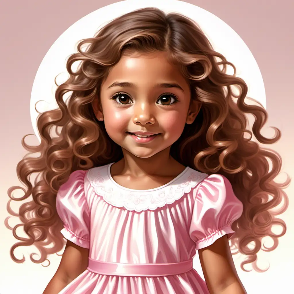Flat art, children's book, cute, 5 year old girl, tan skin, light hazel head down, thick long tight curl brown hair, angelic, beautiful, pink and white dress , multiple facial expressions, face shot