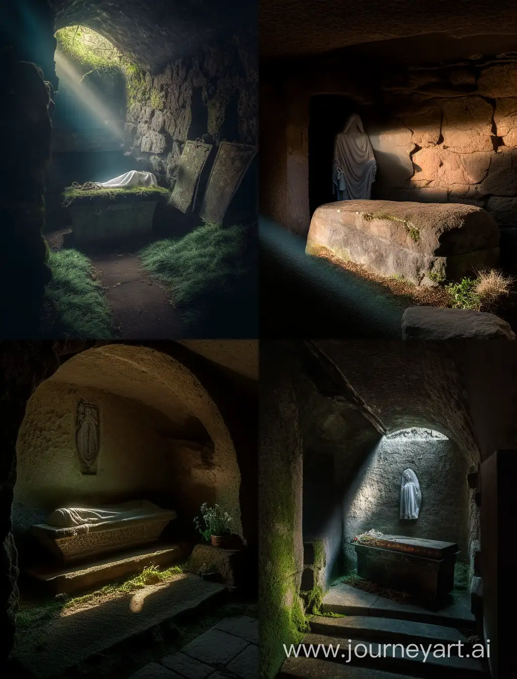 In a dimly lit sepulcher, the scene unfolds as Jesus rises from the cold stone slab. The tomb's weathered texture contrasts with the ethereal glow emanating from the figure in a simple, linen burial shroud. The background reveals ancient stone walls, moss-covered and aged. A subtle dawn light pierces through the entrance, casting a symbolic warmth on the resurrection scene. The simplicity of the costume and setting captures the profound moment of rebirth.