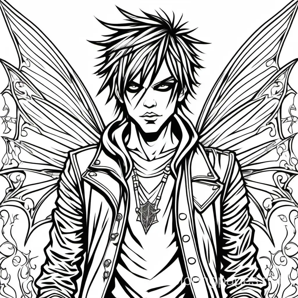 line drawing detailed adult coloring page of handsome gothic punk rock style boy fairy. no color. ample white space for coloring. , Coloring Page, black and white, line art, white background, Simplicity, Ample White Space. The background of the coloring page is plain white to make it easy for young children to color within the lines. The outlines of all the subjects are easy to distinguish, making it simple for kids to color without too much difficulty