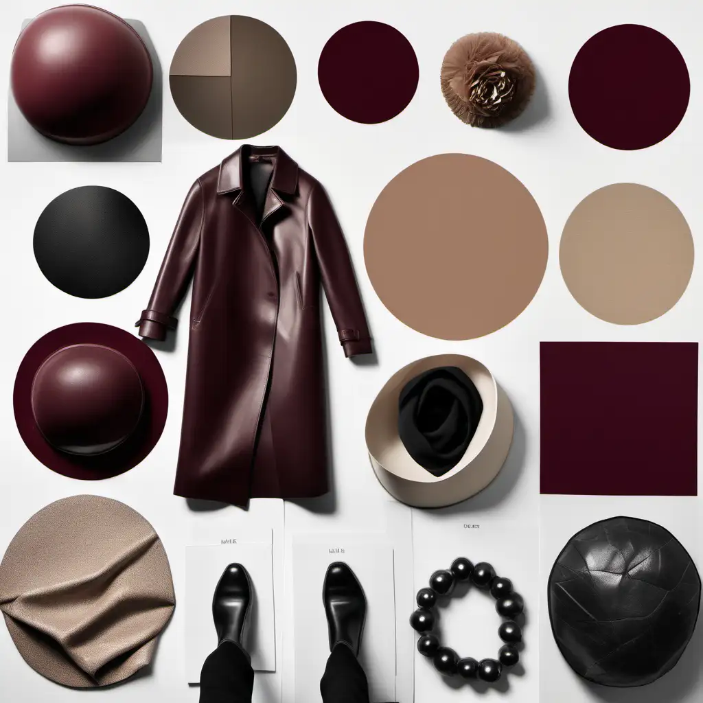 Make a dome themed fashion moodboard. Use burgundy, black, beige and stone colors. leather fabrics