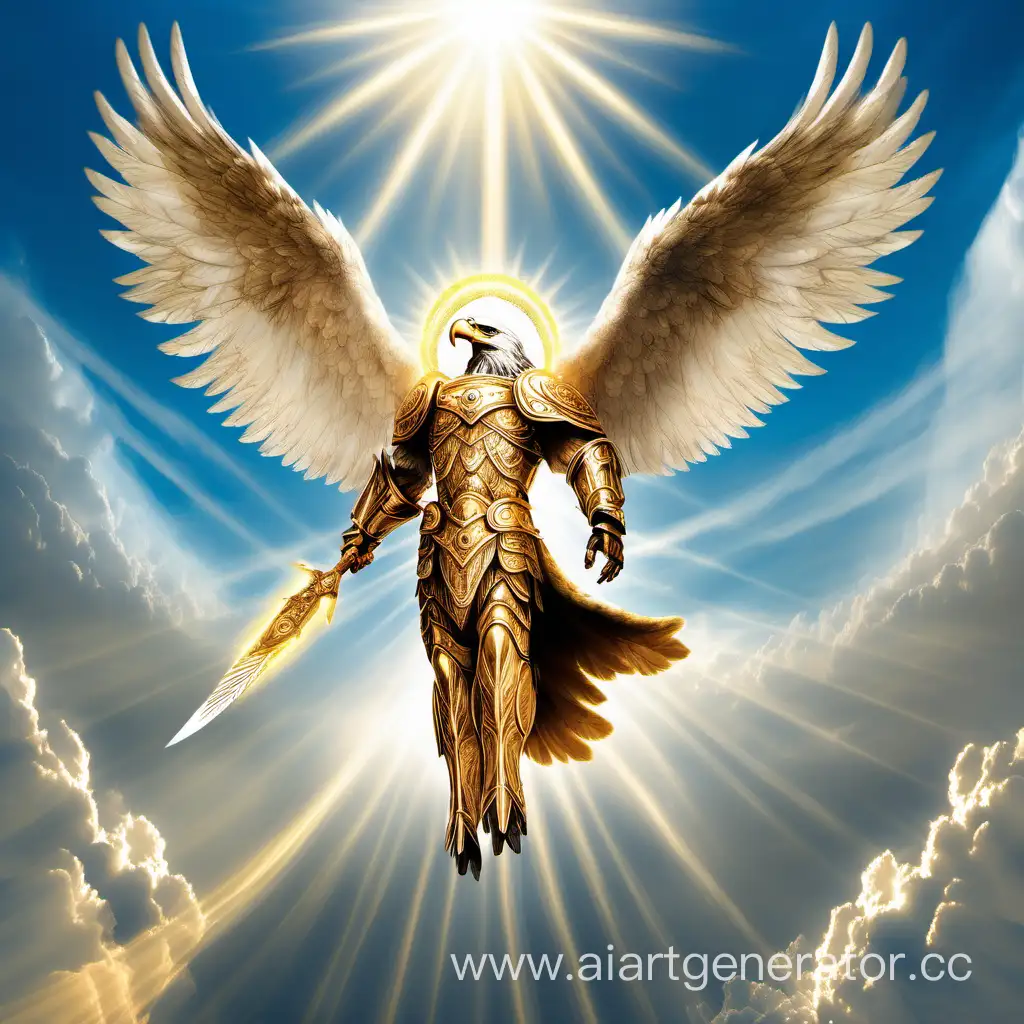 Орёл воин Света с длинными раскинутыми крыльями в обильном солнечном свете с Библией одетый в золотые доспехи с круглым светящимся нимбом над головой голубые небеса белые облака христианский вариант ангела
