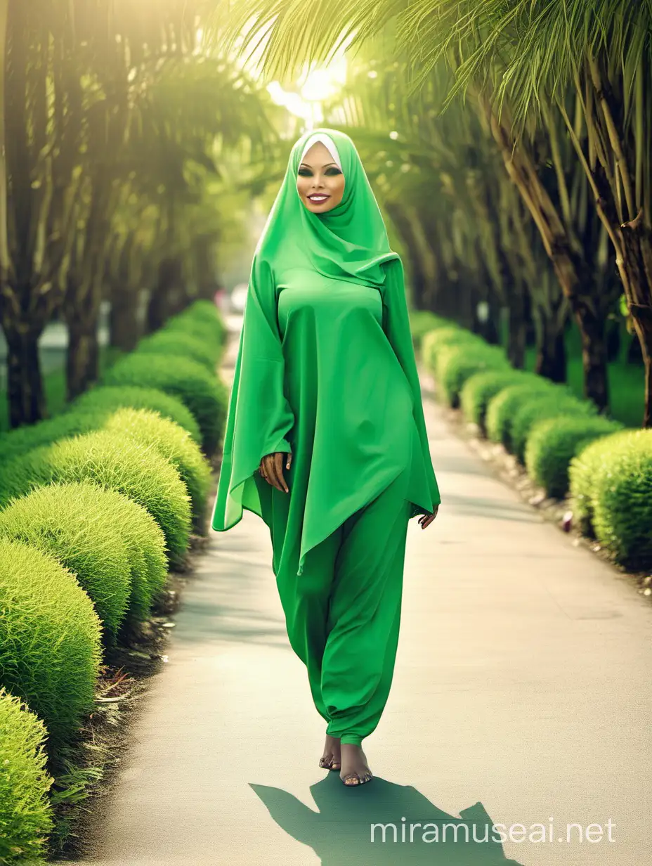 Indonesian Hijab Woman Poses Sensually in Pastel Swimsuit on Garden Path