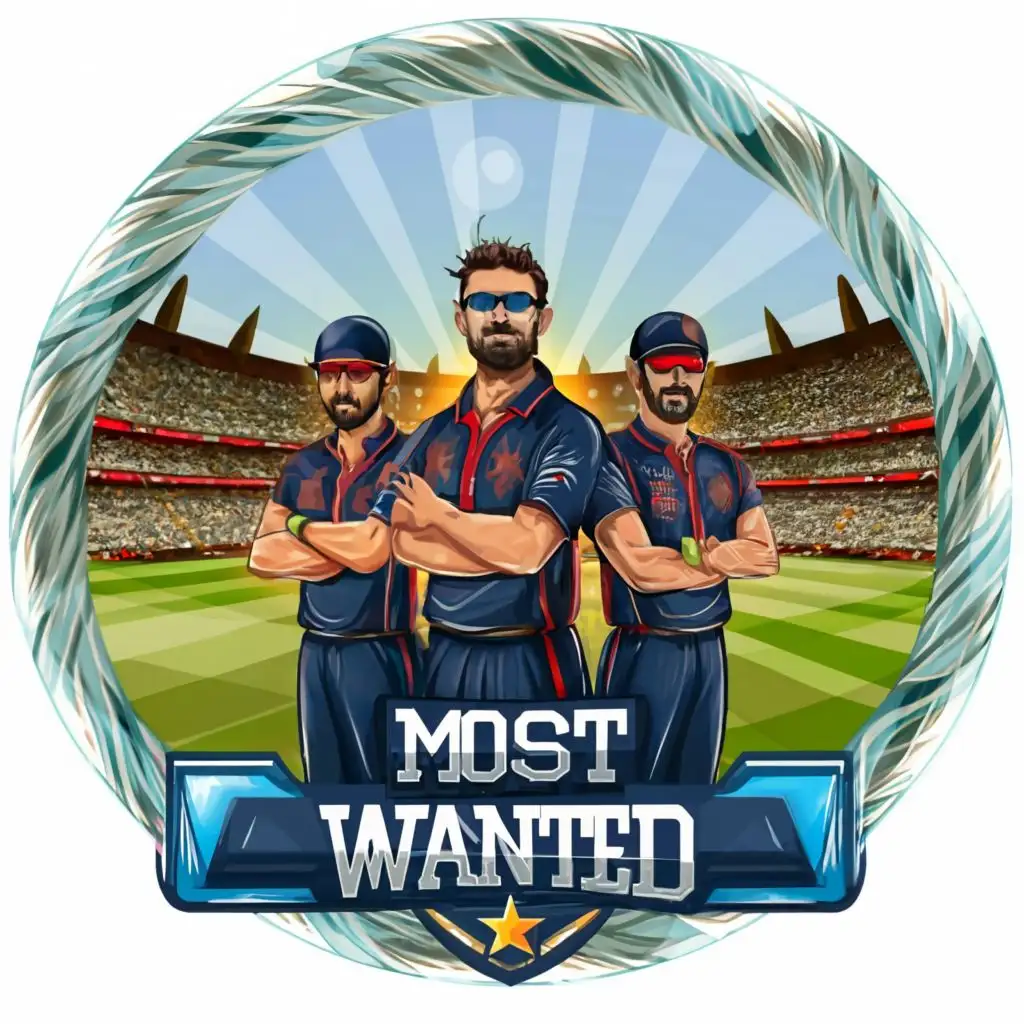 Create a Cricket Team Logo With the name "MOST WANTED" in Red Color, Players wearing dark blue color jersey and Sunglasses in the cricket ground AND BRIGHT COLOUR BACKGROUND.