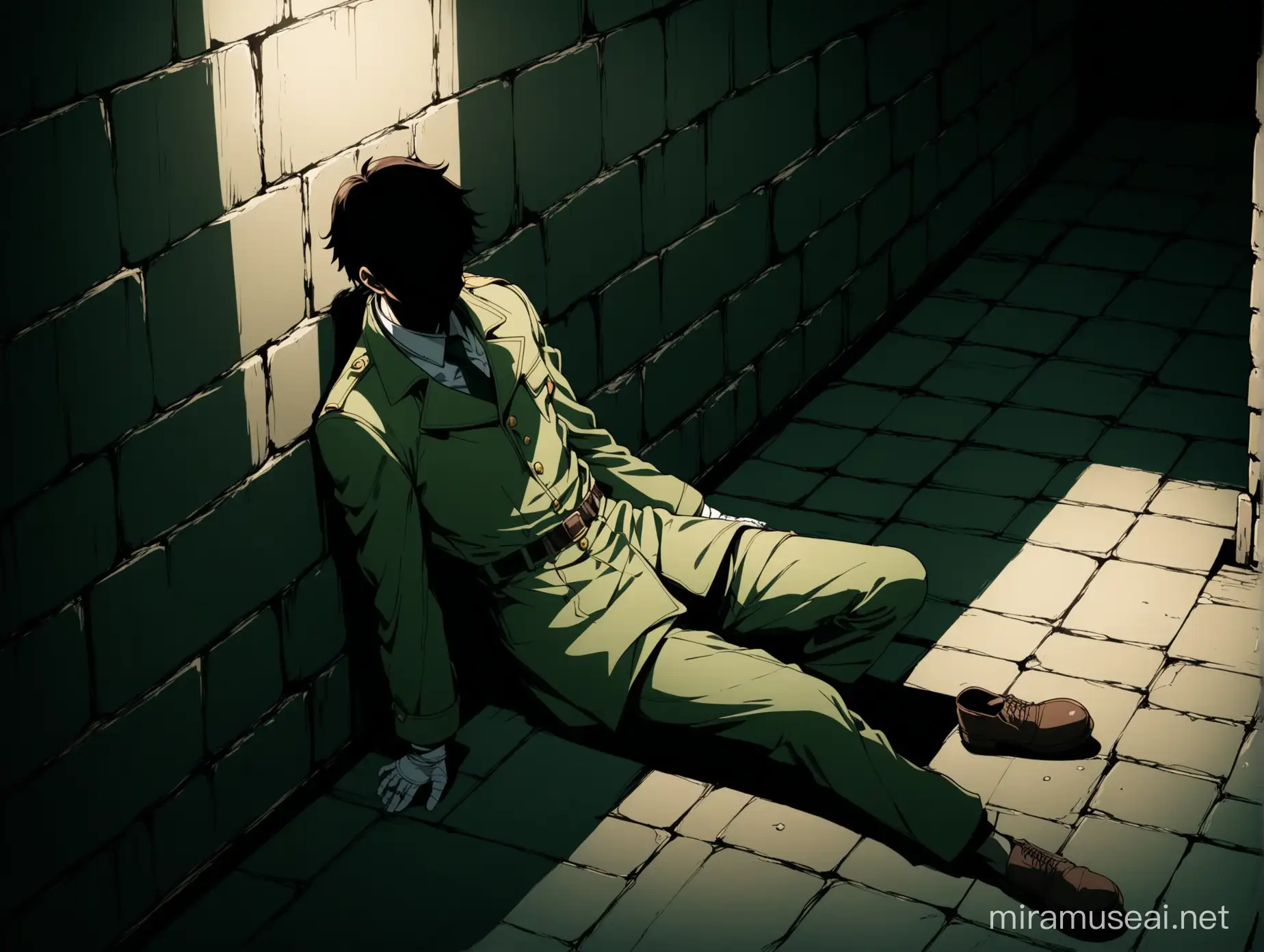 Anime Male Detective in Underground Secret Room Unconscious and Injured