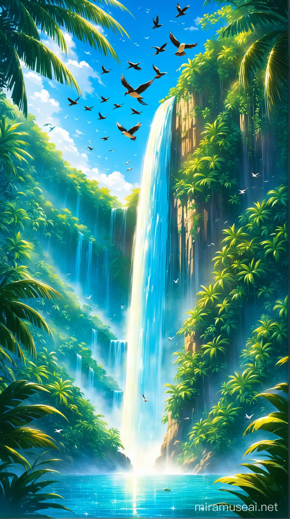 waterfall flying birds mid of jungle blue shiny sky