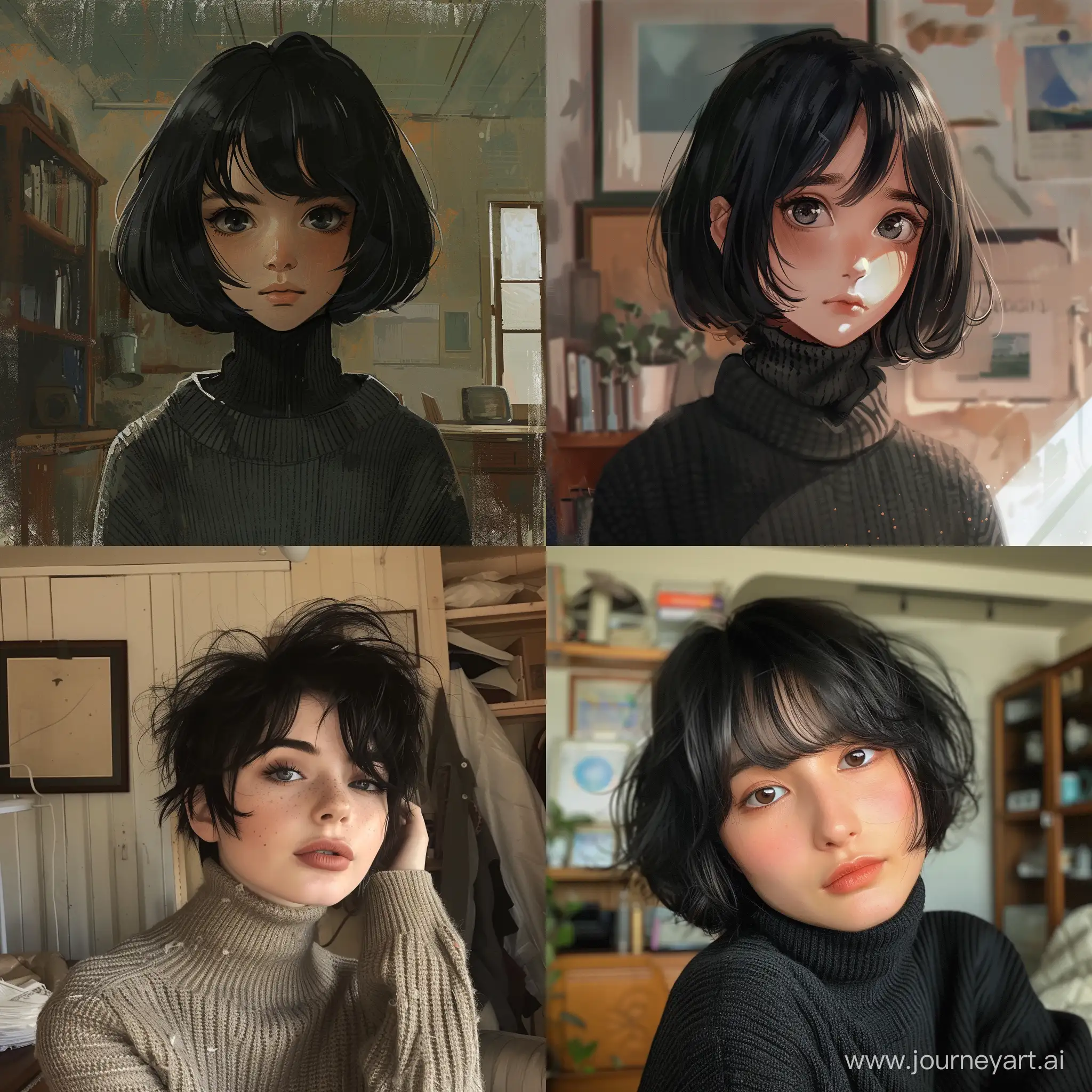 Incredibly cute girl with short black hair and turtleneck sweater, but her home is a dirty mess