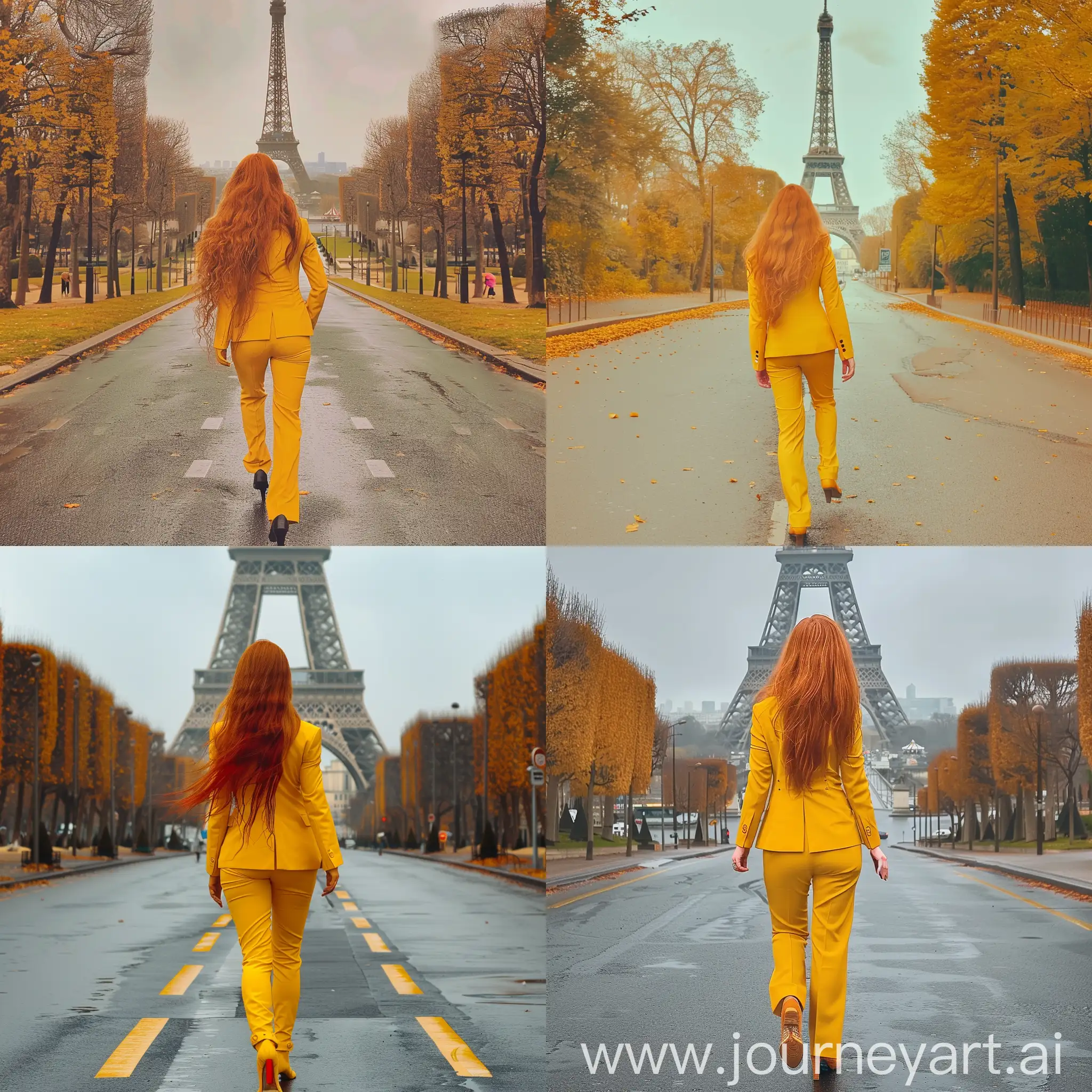 Elegant-Lady-in-Yellow-Walking-Towards-Eiffel-Tower