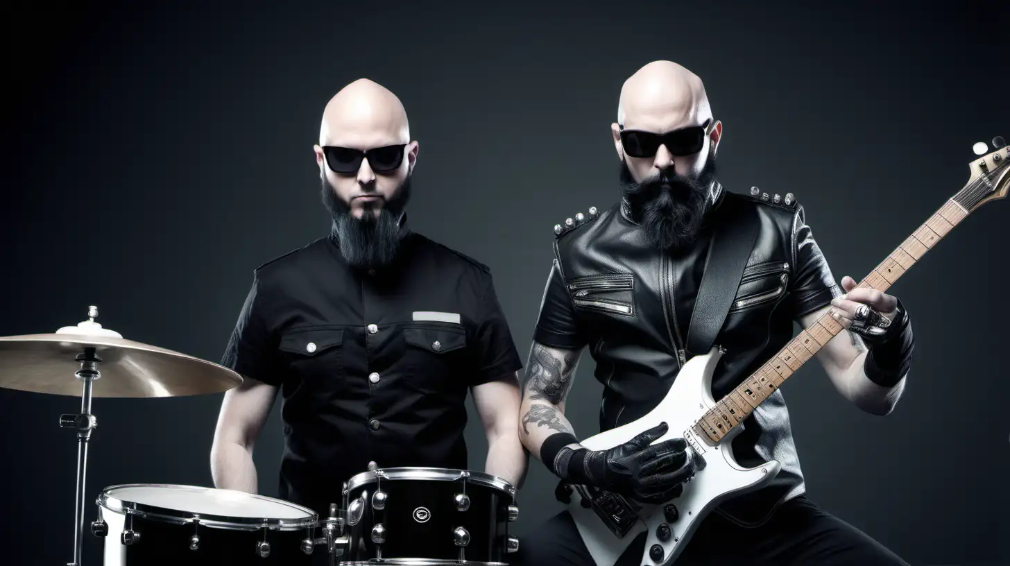 the Jetbird rock band duo. Bald Bald Drummer  in black glasses and black beard. bald guitarist  thin. 
 futuristic stim punk
