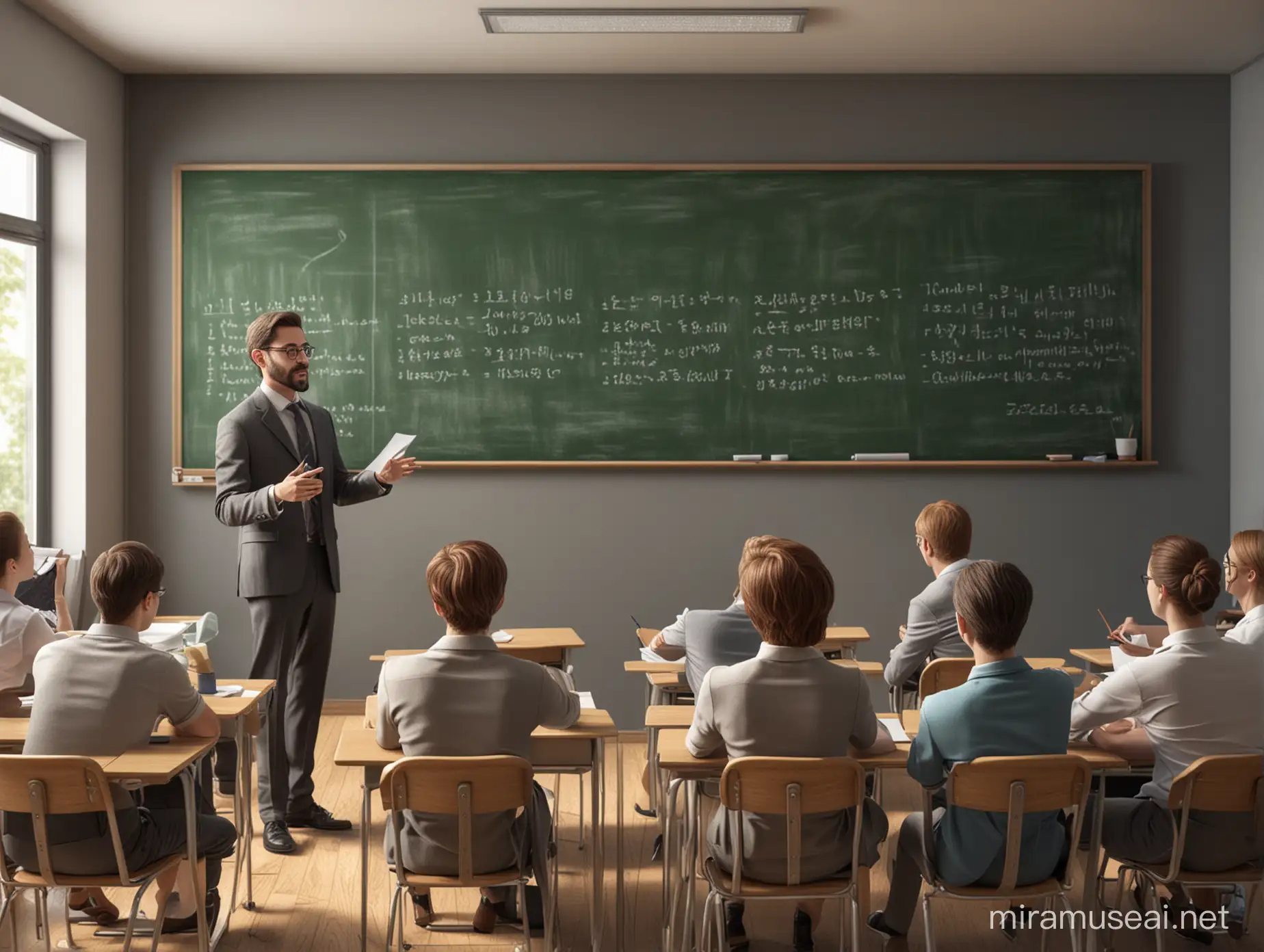 illustration of a lecturer teaching students in class, there is a blackboard on the table. The lecturer stood explaining the lecture material while the students sat in chairs complete with tables. 3d images, good image quality, high resolution