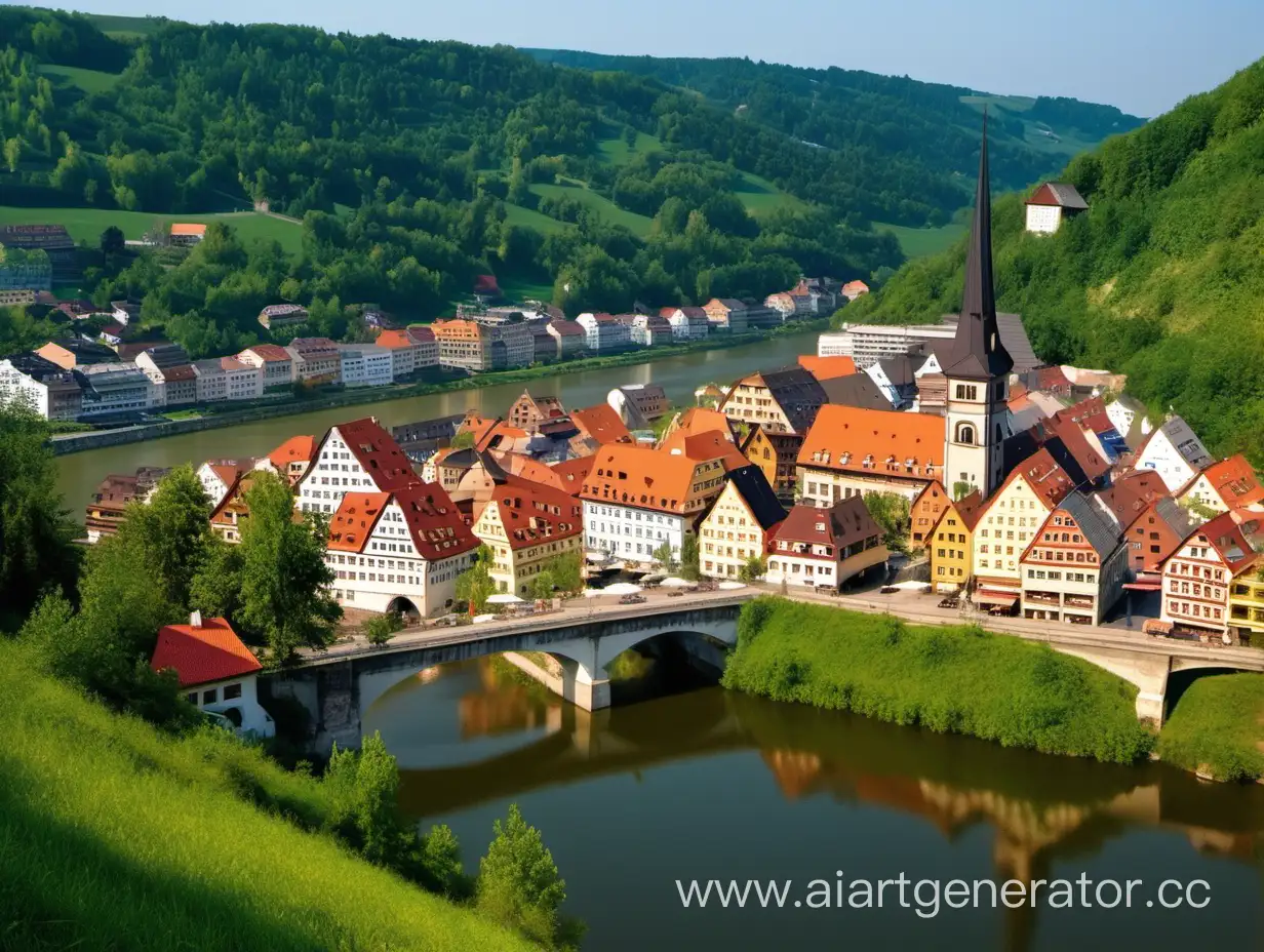маленький немецкий старый городок на подошве холма с видом на реку с мостом