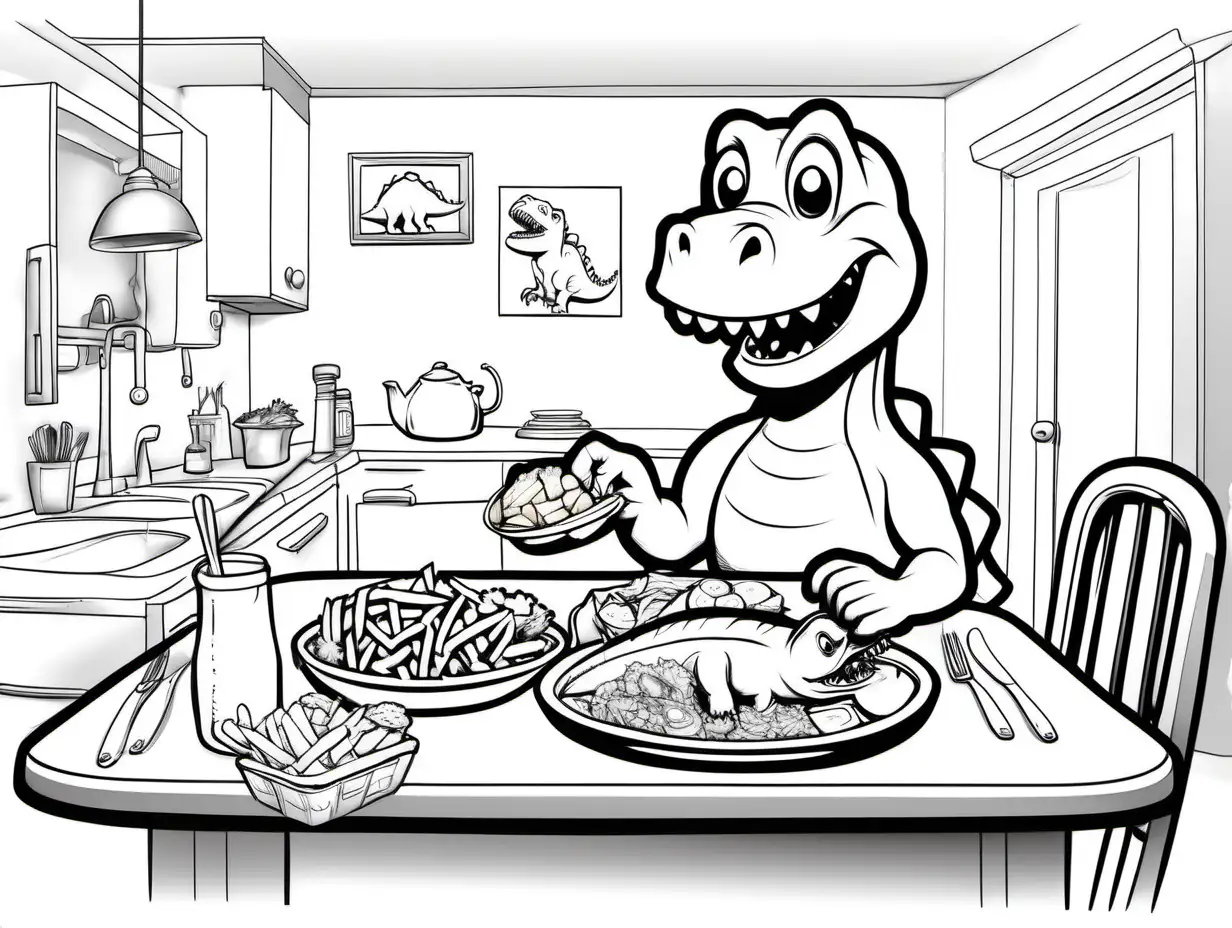 Adorable Dinosaur Enjoying Fish and Chips Dinner in Kitchen Setting