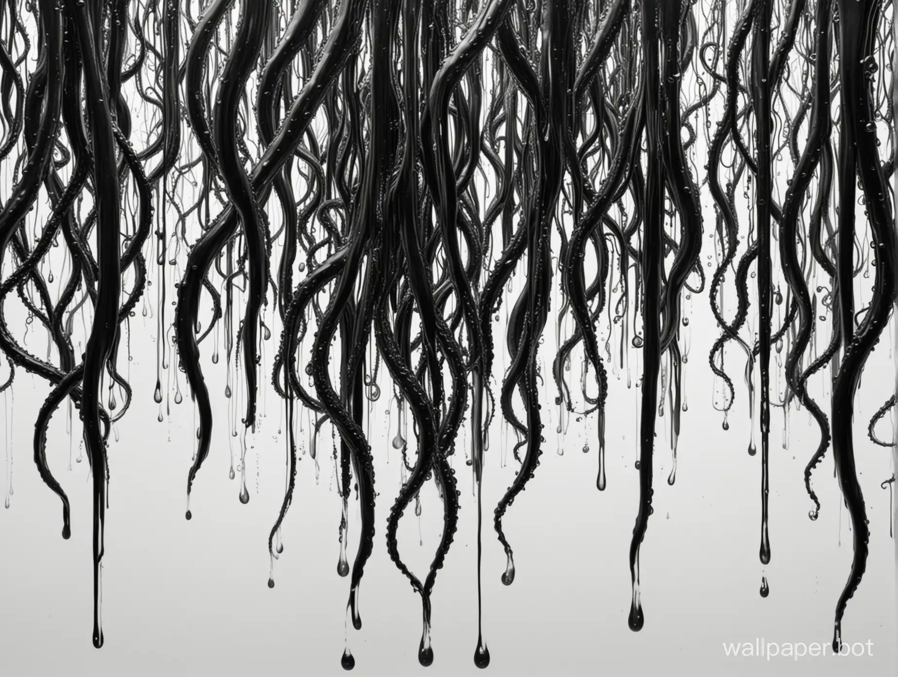 Dripping black tentacles, organic lines, chaotic, profound liquid effect,  ordened,  ornamental, white background