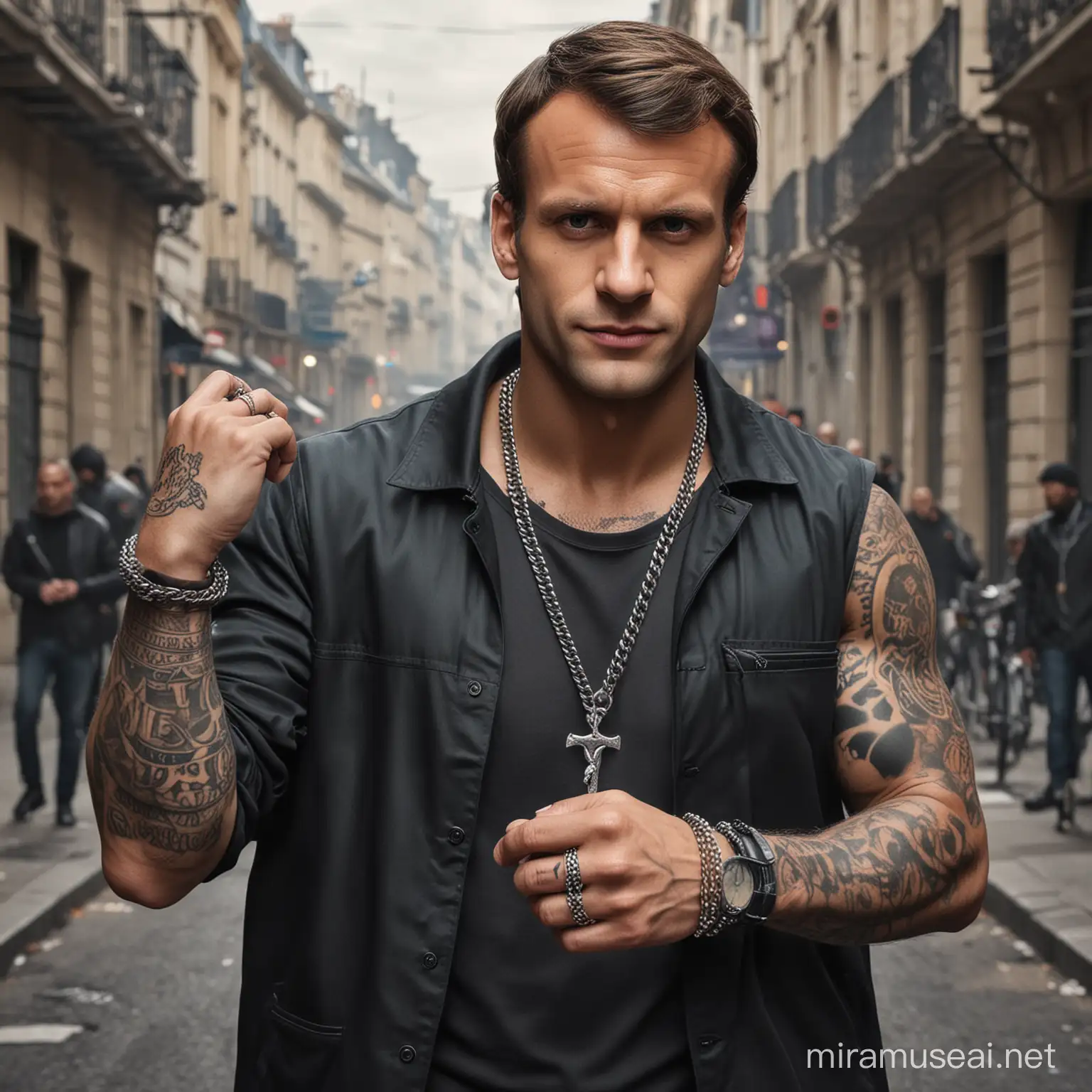Emmanuel Macron Portrayed as a Street Gang Member with Tattoos and Chains