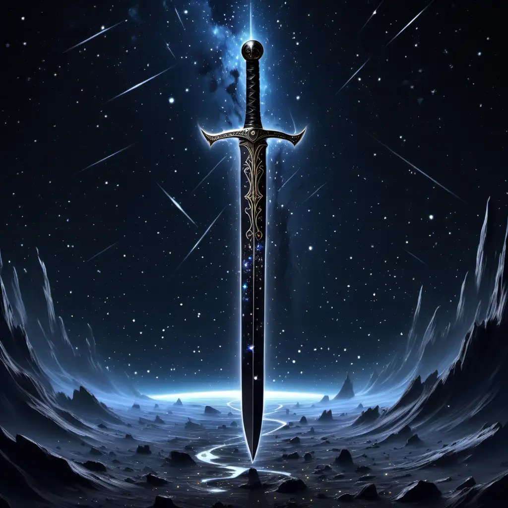 A smooth black sword with the constellations of the night sky moving on its surface and no quillon