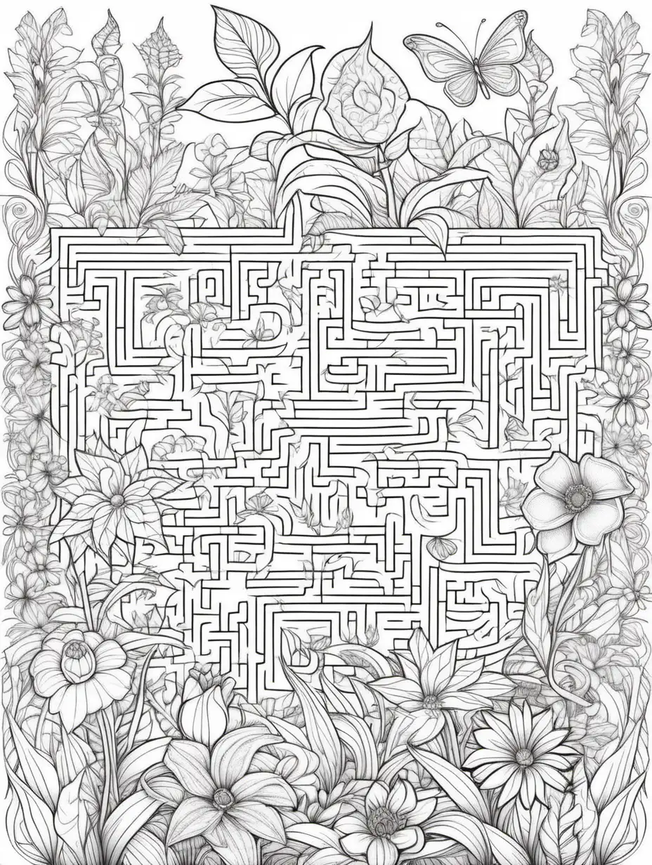 create a unique magical flowers and maze outline on a white clear background for a adult coloring book